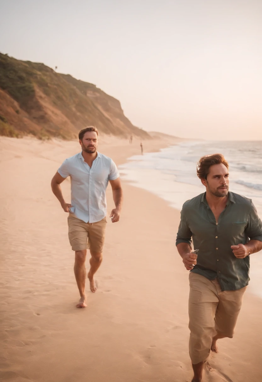 Uma praia deserta, dois homens amigos caminhando ao longe lado a lado, deixando pegadas na areia ao entardecer, , Best Definition, 4k, fotorrealista