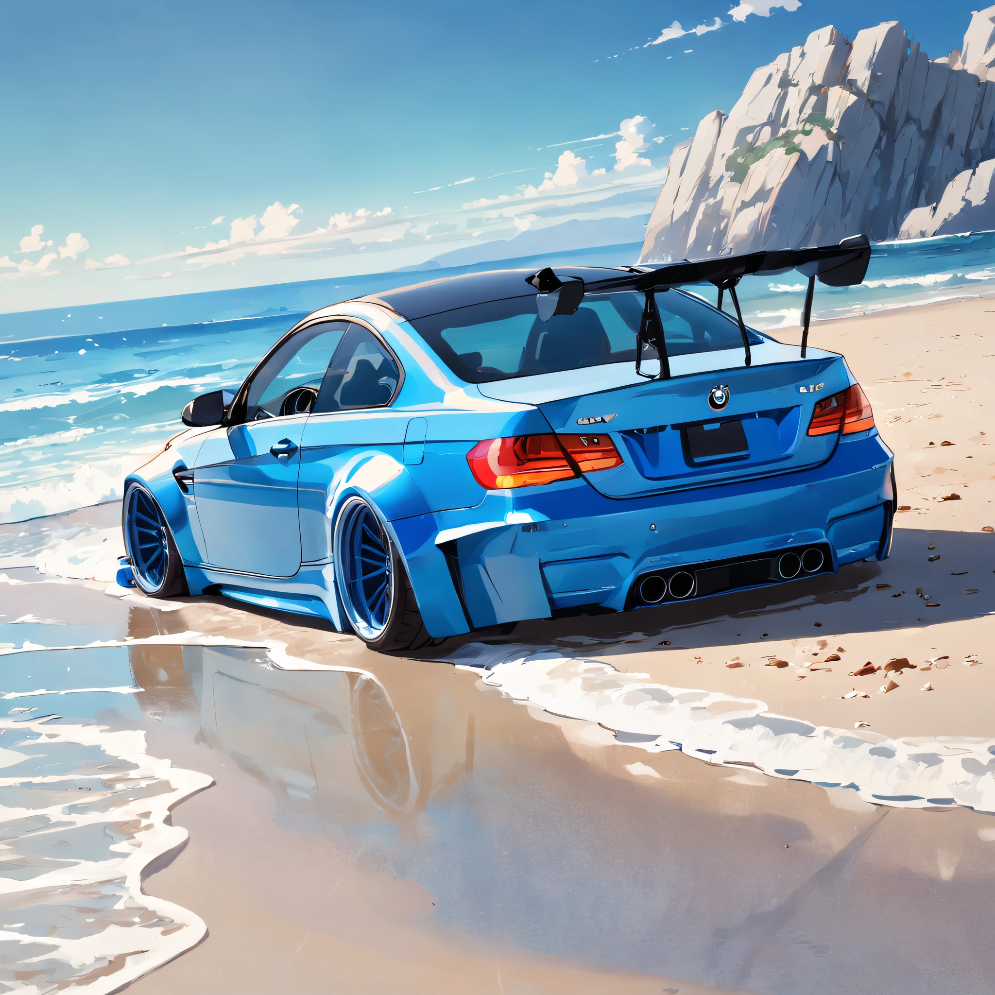 a monaco-blue bmw e92 with liberty walk bodykit, riding on beach, in sunshine morning