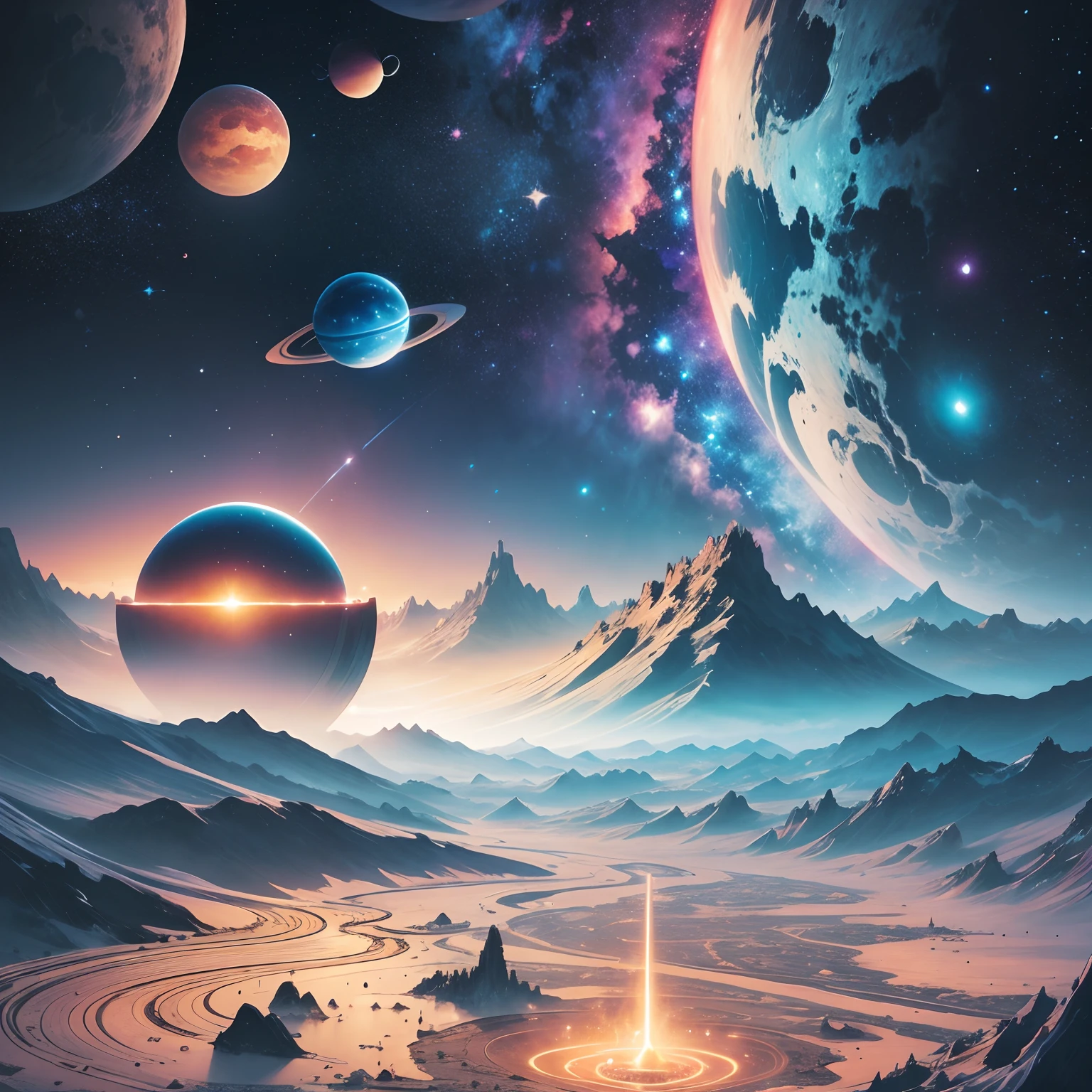 Futuristic landscape, planets, stars, galaxies, detailed, defined, fantastic, illustration --auto --s2