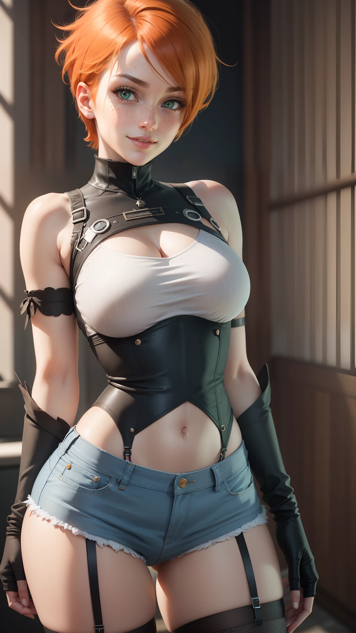 gwen tennyson,tracer,yorha 2b,rebecca chambers,nier automata,pilot uniform, teenager, green eyes,garter belt,striped underwear,short hair,orange hair,hot springs,shy smile,ginger,white striped top,denim micro skirt,freckles,beautiful girl,stockings,large breasts,ultra detailed,realistic,