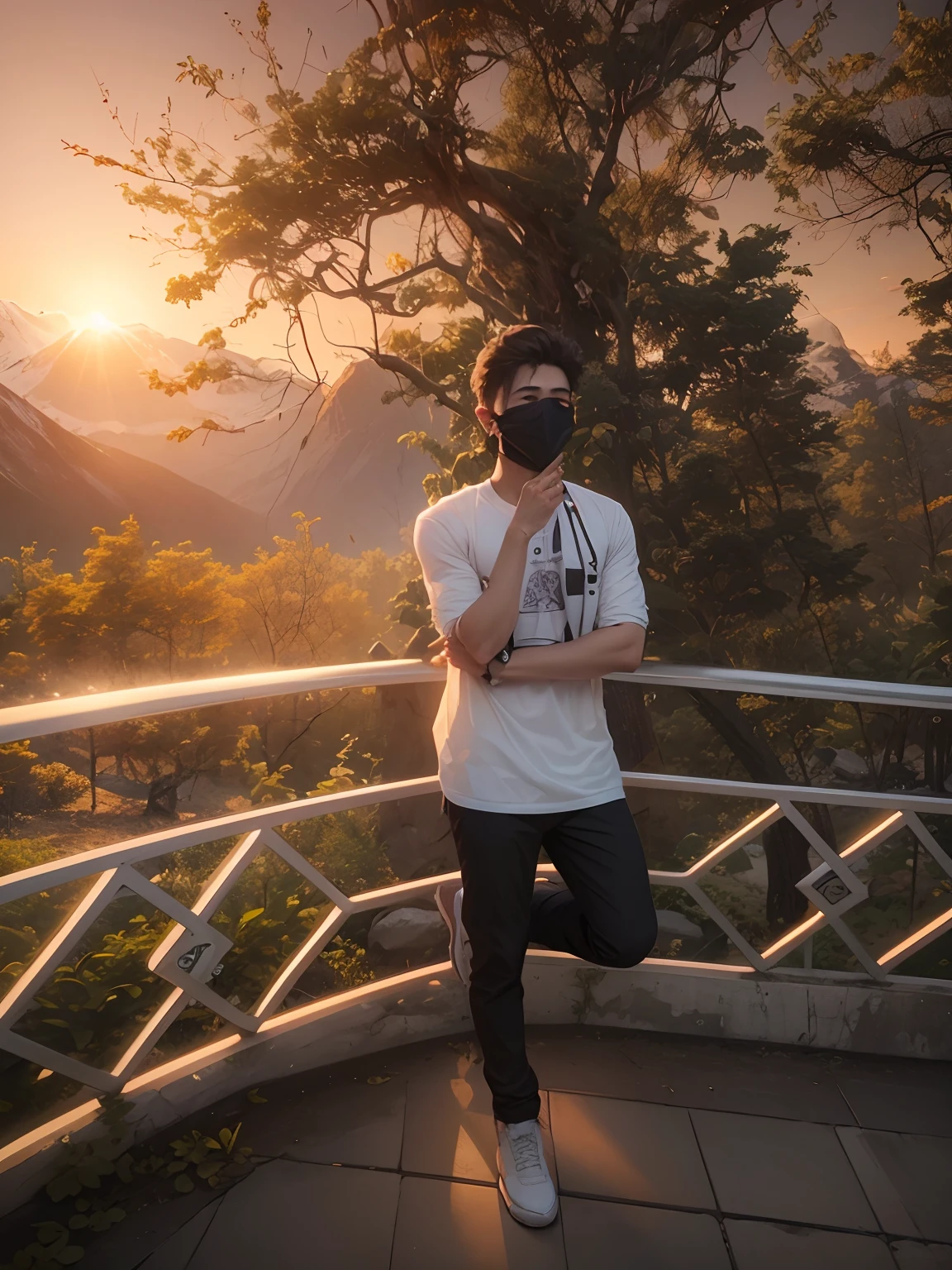 8k , AI, realistic face, ultra realistic, background change sun set some trees and mountain, handsome  boy with white shirt and black mask