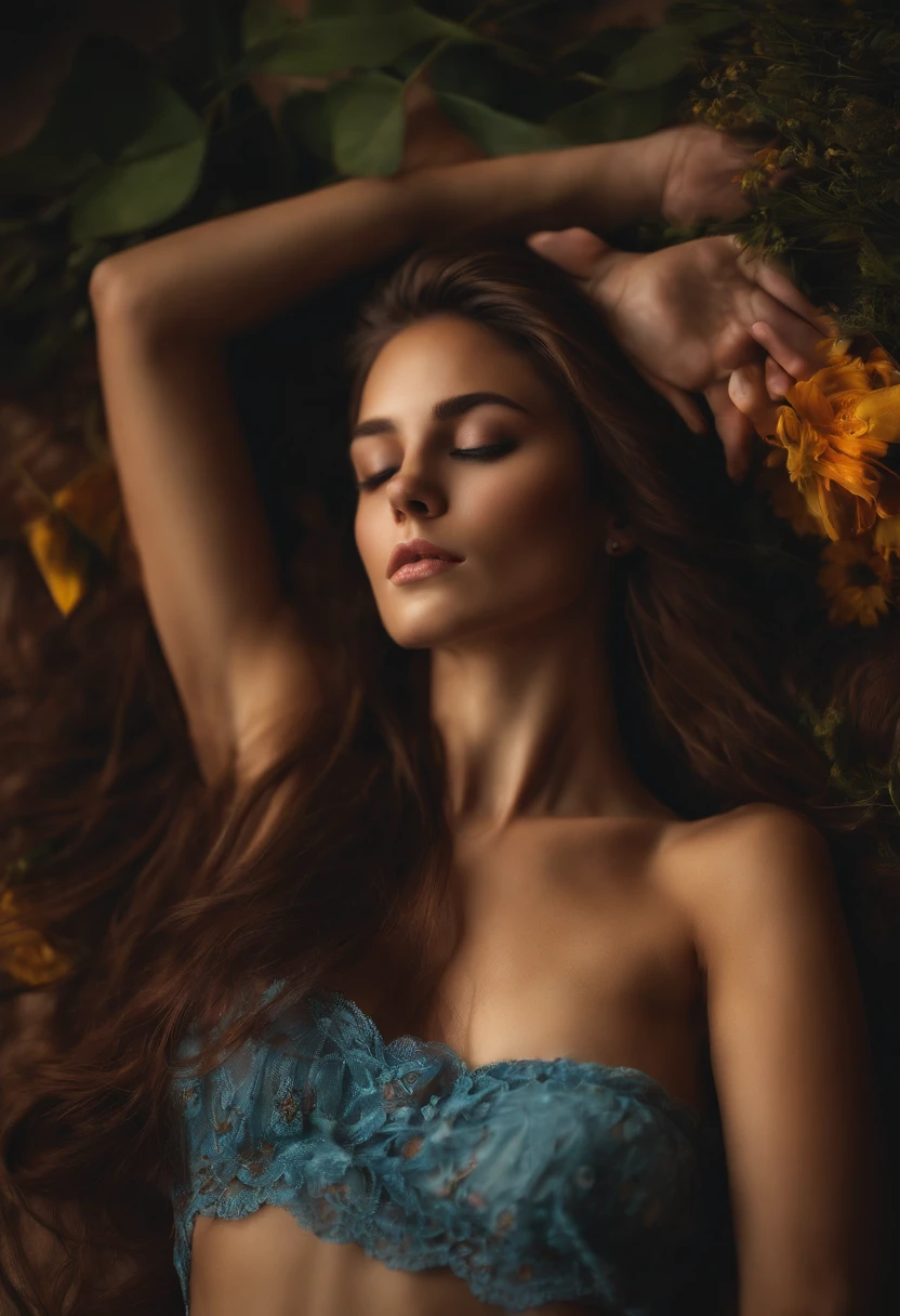 a girl with long hair, topless while laying down on the floor