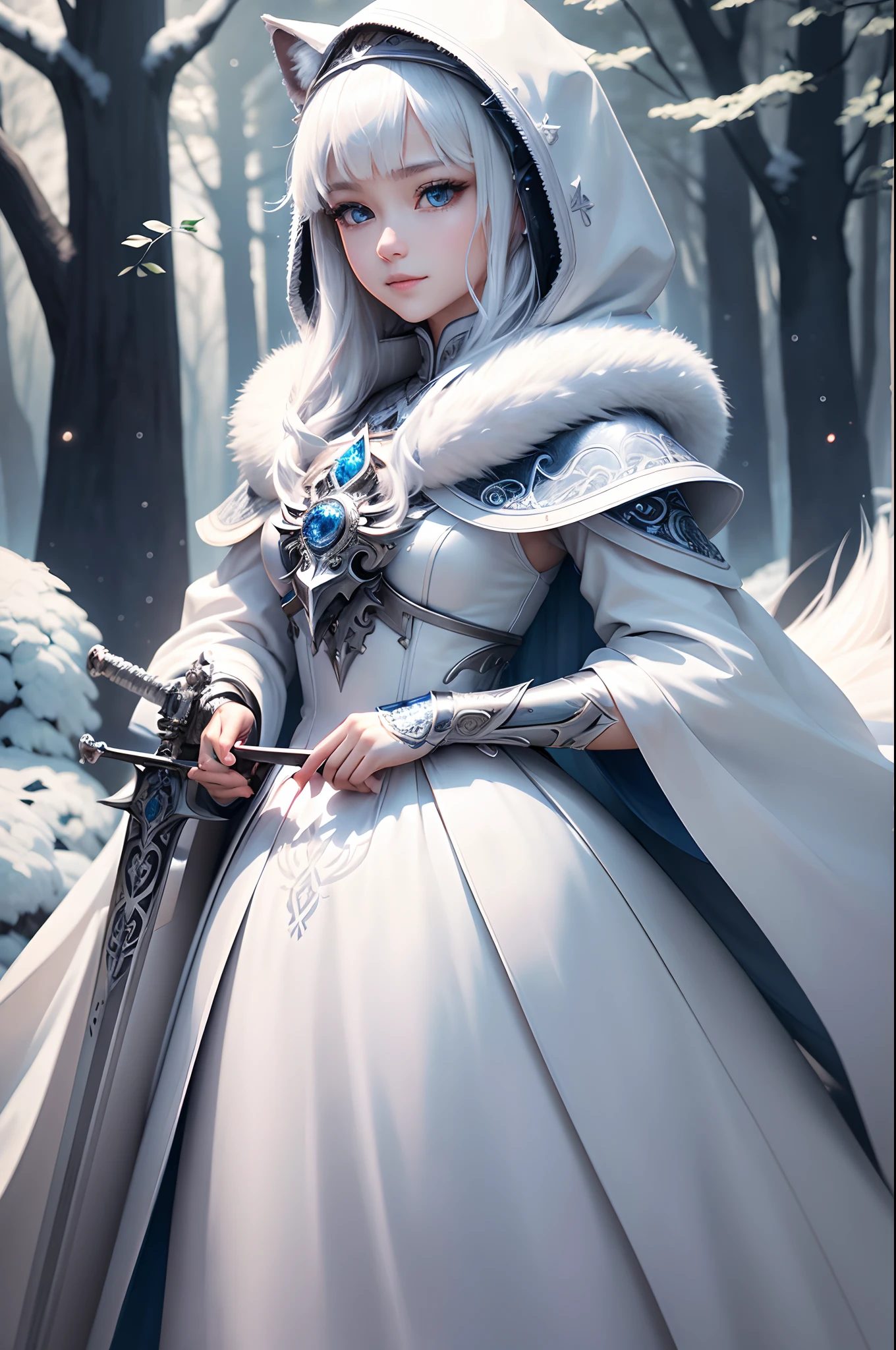 A Princess、Bright and refreshing space、White is the key.、Smiling kindly、peaceful、Tiere、Not a person、unmanned、in woods、White Wolf、cyborgs、Metal Wolf、Have a beautiful sword、Shining blue eyes、１bolt、(intricate-detail)、nffsw、(intricate-detail、ultra-detailliert:1.2)、Cinematic shots、vignettes、central,、top grade、Eyes are clear、The sword shines、wearing a fur coat、Wearing a fur hood、The air is clean、A sparkling space、
