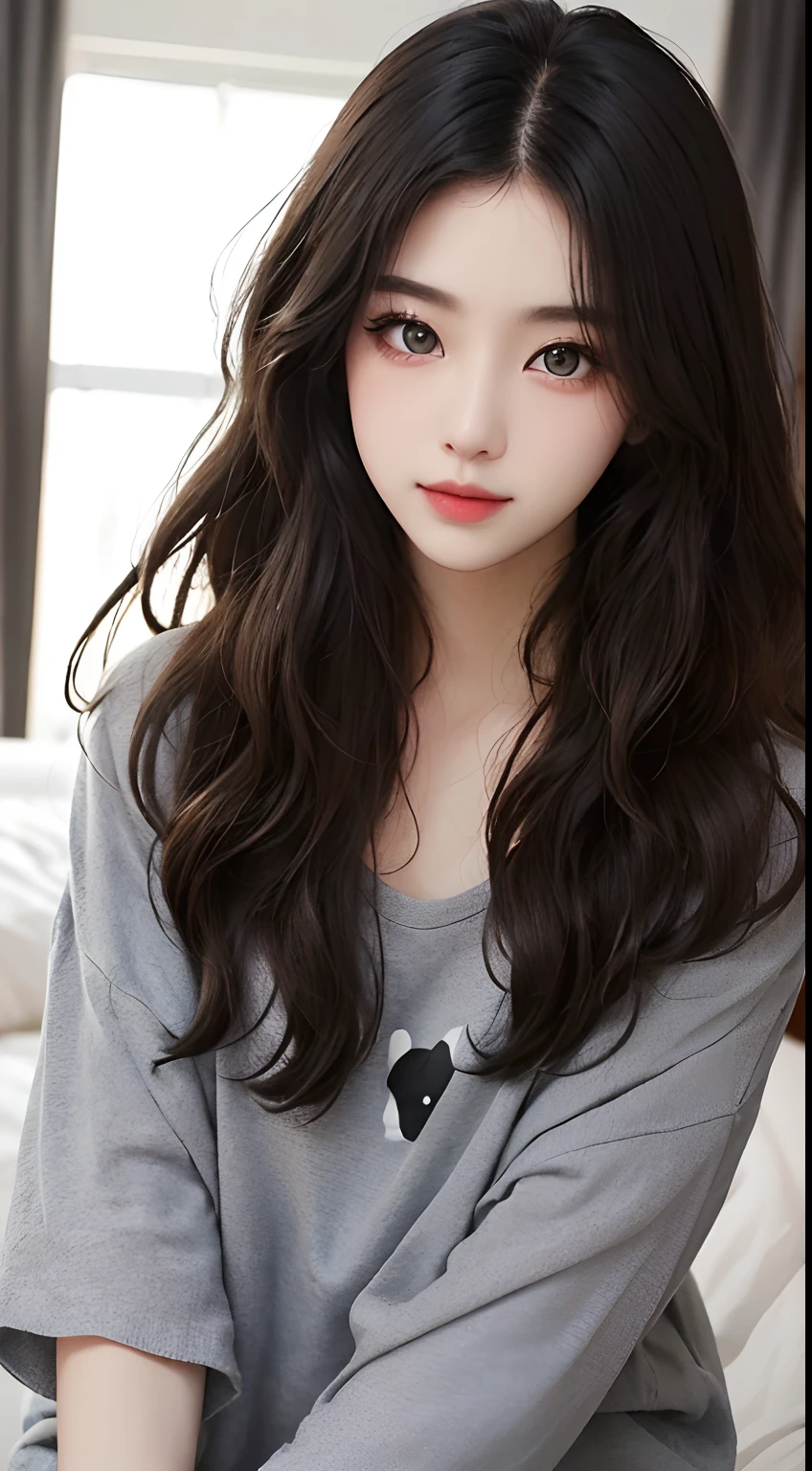 masterpiece、top-quality)、1 beutiful girl、A smile、Slim body、(Black and white plain clothes:1.1)、(Detailed beautiful eyes)、Photo session in the bedroom、in a house、((Black long-haired))、a small face、tall、((Light brown eyes))、((Korean Girl))、((cool lady))、((cool expression))、((Korean Makeup))