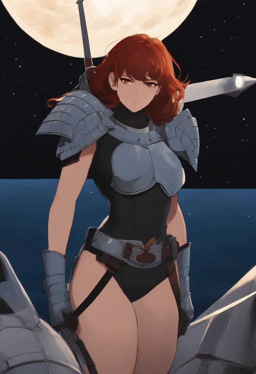 1girl, solo, breasts, short hair, bangs, brown hair, red eyes, medium breasts, closed mouth, upper body, red hair, outdoors, sky, belt, armor, mole, looking to the side, mole under eye, bodysuit, night, turtleneck, ocean, looking away, spiked hair, shoulder armor, star (sky), night sky, starry sky, pauldrons, serious, breastplate, retro artstyle, 1990s (style), blue bodysuit, loose belt, iria