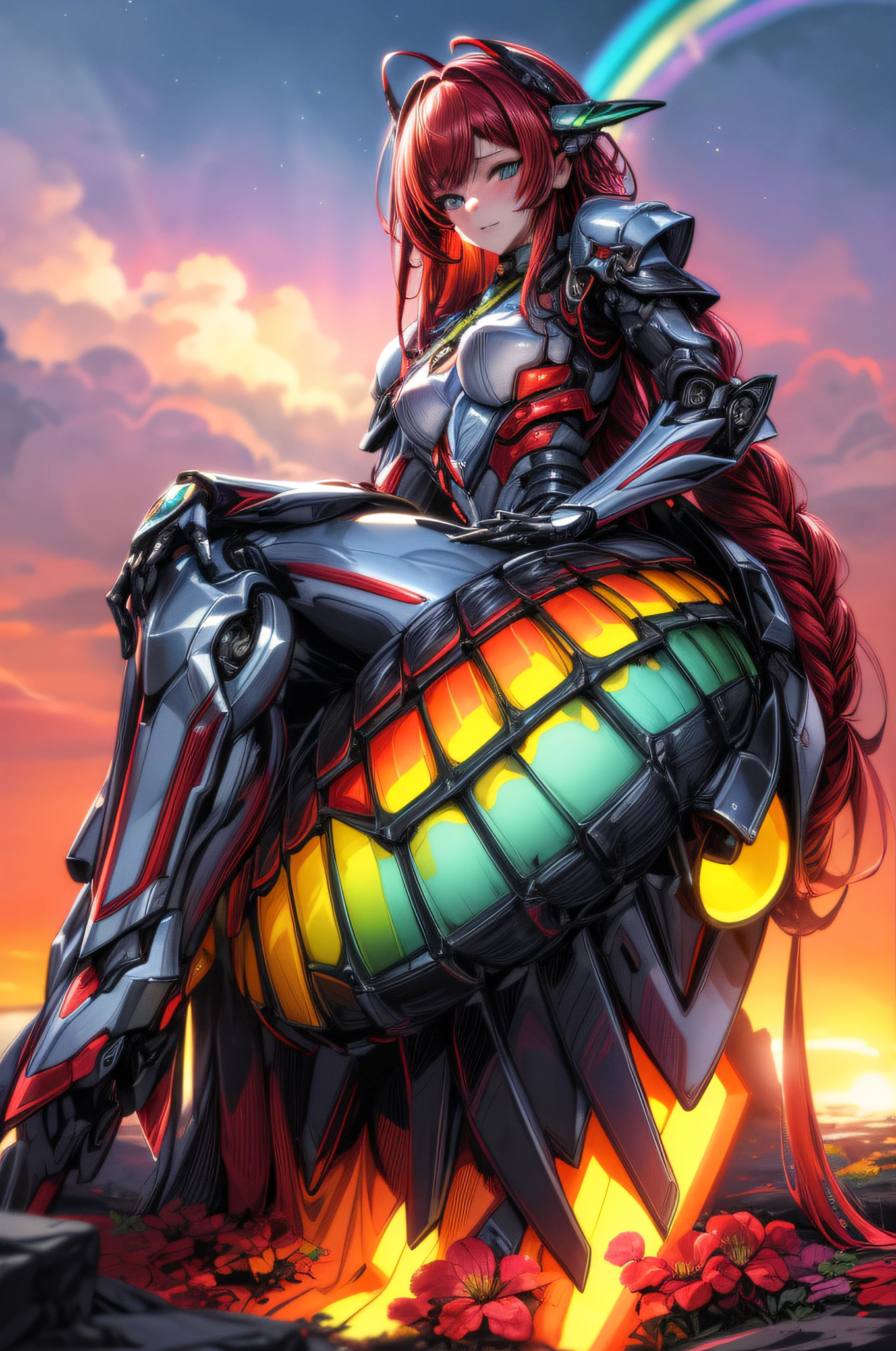 a picture of a mecha woman resting in a rainbow colored flower meadow, full body, an exquisite beautiful (ultra detailed, Masterpiece, best quality: 1.4) female mecha woman, dynamic angle (best detailed, Masterpiece, best quality), best detailed face (best detailed, Masterpiece, best quality: 1.5), ultra feminine (best detailed, Masterpiece, best quality), red hair, long hair, braided hair, dynamic eyes color, (wearing mecha armor: 1.4), resting in (rainbow colored flower meadow: 1.6), full colored, (perfect spectrum: 1.3),( vibrant work: 1.4) vibrant shades of red, orange, yellow, green, blue, indigo, violet day light, sun rising, high details, fantasy art, RPG art best quality, 16k, [ultra detailed], masterpiece, best quality, (ultra detailed), full body, ultra wide shot, photorealistic, mecha musume