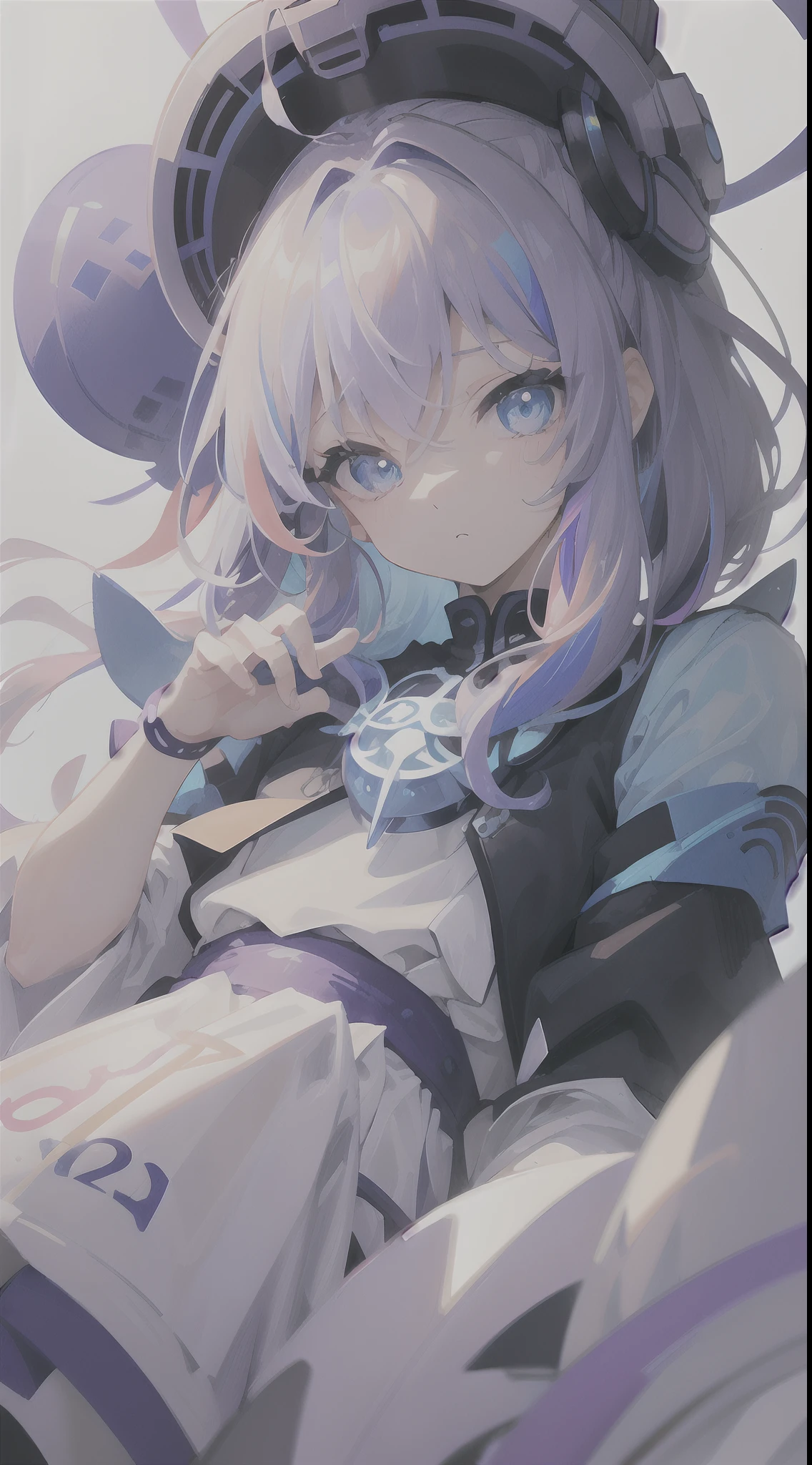 blue eyess、Light purple hair、Medium Hair、独奏、((top-quality、masterpiece))、(独奏)、waved hair、multicolored hair、cyberpunked、White background