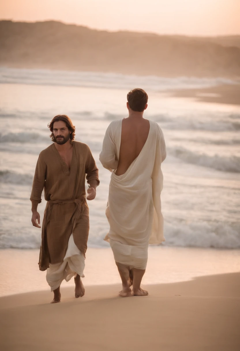 Uma praia deserta, dois homens amigos, one of them is Jesus Christ, caminhando ao longe lado a lado, deixando pegadas na areia ao entardecer, , Best Definition, 4k, fotorrealista