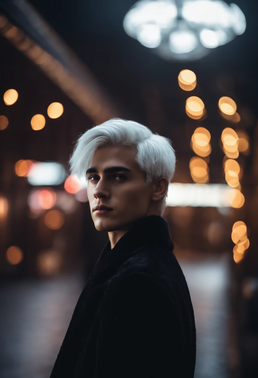 Young man, 20 years old, white hair, two block haircut , shirtless, wearing a black fur coat , reality photo, reality skin, detailed skin, glowing light eyes, Biomechanical, eerie, Creepy, nightmarish, Very bright colors, Light particles, with light glowing, Mshiff, wallpaper art, UHD wallpaper