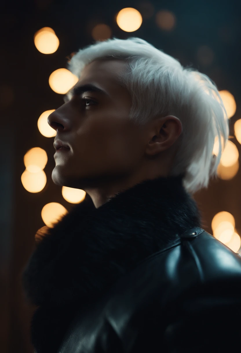 Young man, 20 years old, white hair, two block haircut , shirtless, wearing a black fur coat , reality photo, reality skin, detailed skin, glowing light eyes, Biomechanical, eerie, Creepy, nightmarish, Very bright colors, Light particles, with light glowing, Mshiff, wallpaper art, UHD wallpaper