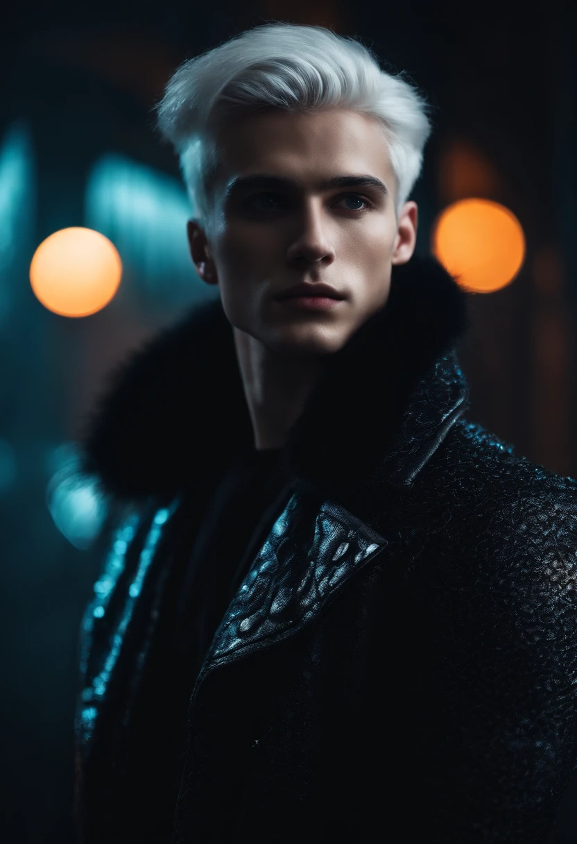 Young man, 20 years old, white hair, two block haircut , shirtless, wearing a black fur coat , reality photo, reality skin, detailed skin, glowing light eyes, Biomechanical, eerie, Creepy, nightmarish, Very bright colors, Light particles, with light glowing, Mshiff, wallpaper art, UHD wallpaper