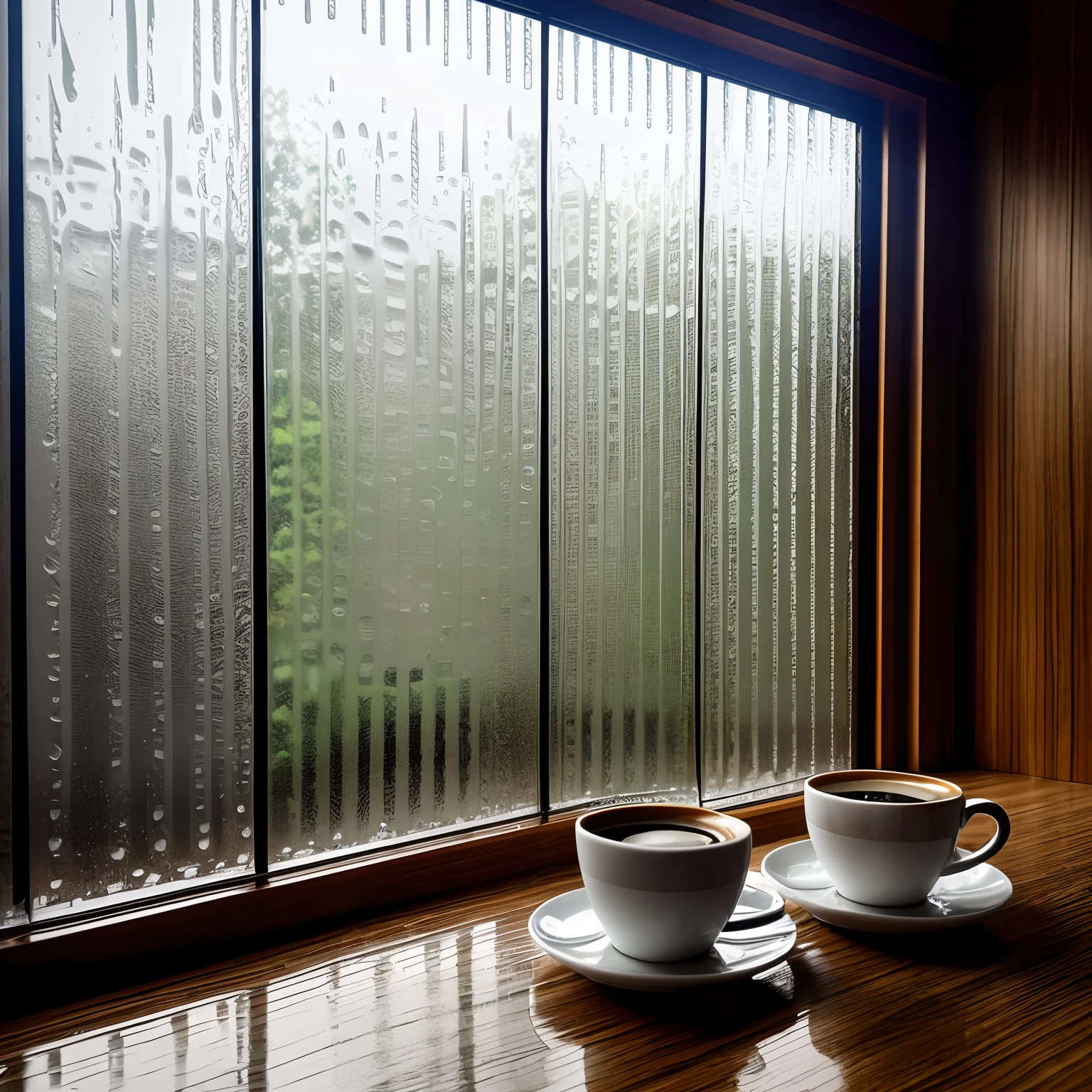 Realistic photo of a cup of coffee on a table in front of a window, foco nítido, 8k, Richness of detail in the setting, day after raining, it is raining outside the window, tarde chuvosa, raining outside, raining outside the cafe, tempo chuvoso, it's raining outside, em um dia chuvoso, chovendo fora da janela, rainy day outside, Clima chuvoso, Dia chuvoso, steaming coffee, rainy outside, chuvoso, water droplets on window glass, very romantic atmosphere,