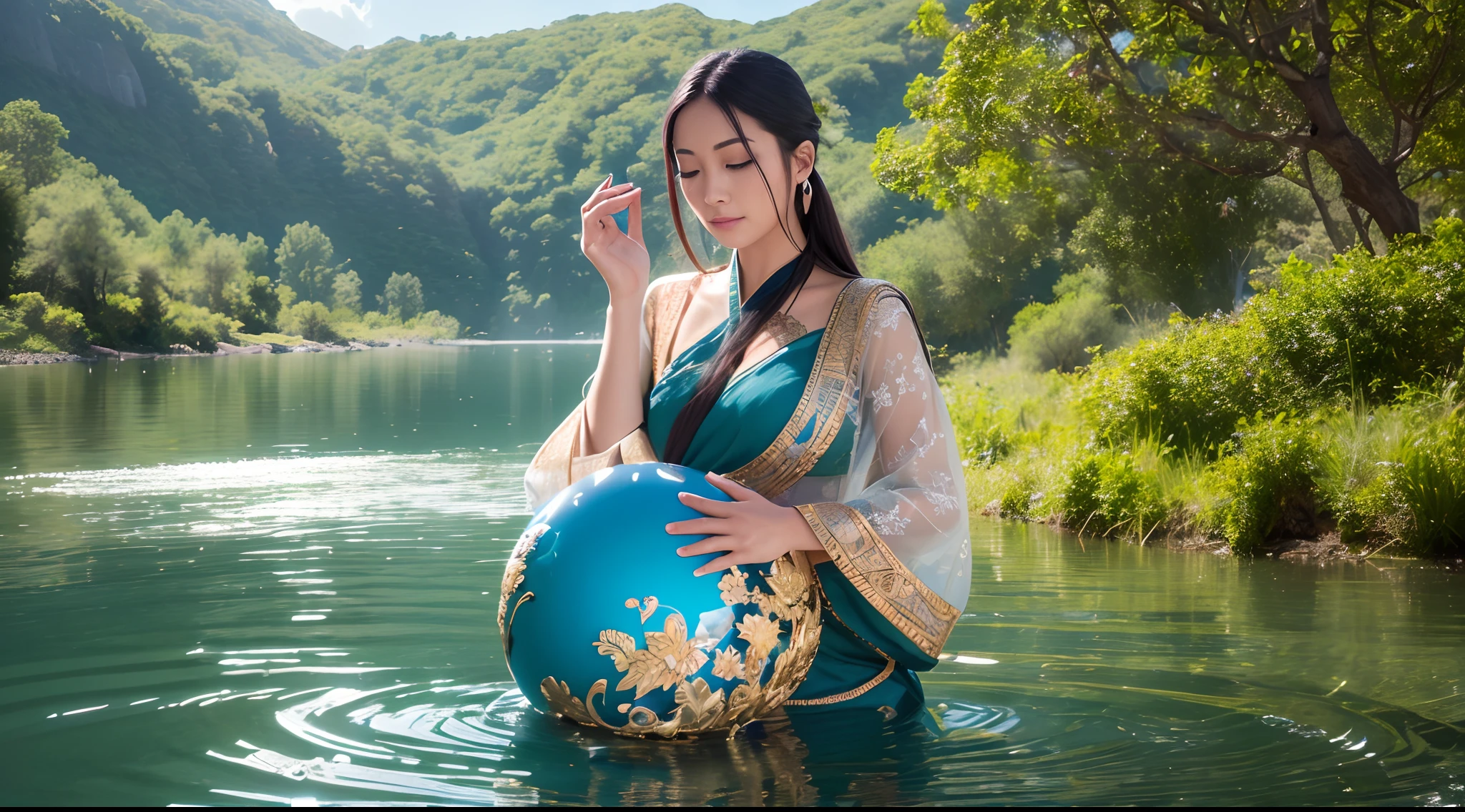 (best quality,4k,highres),(realistic:1.37),ultra-detailed,loose Taoist robe, Tai Chi elements, woman standing on top of a mountain, shimmering water sphere in her palm, serene atmosphere, mystical surroundings, flowing energy, graceful movements, meditative state, glowing sunlight, tranquil nature, ethereal colors, soft shadows, intricate patterns of the robe, intricate details of the water sphere, harmonious balance, peaceful expression, gentle breeze, majestic landscape, distant mist, sun-kissed clouds, tranquil lake, vibrant foliage, birds soaring in the sky, sparkling reflections, spiritual connection