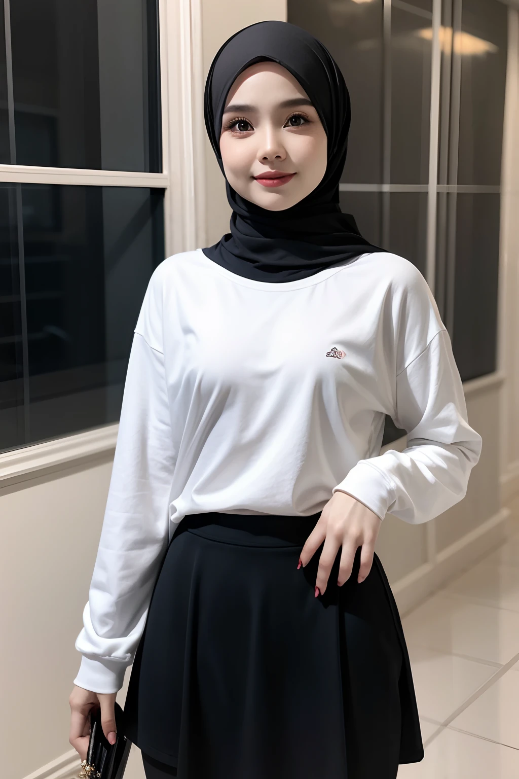 Portrait photography of a beautiful young malay girl in hijab wearing tight long sleeve tshirt and short skirt with leggings celebrate birthday