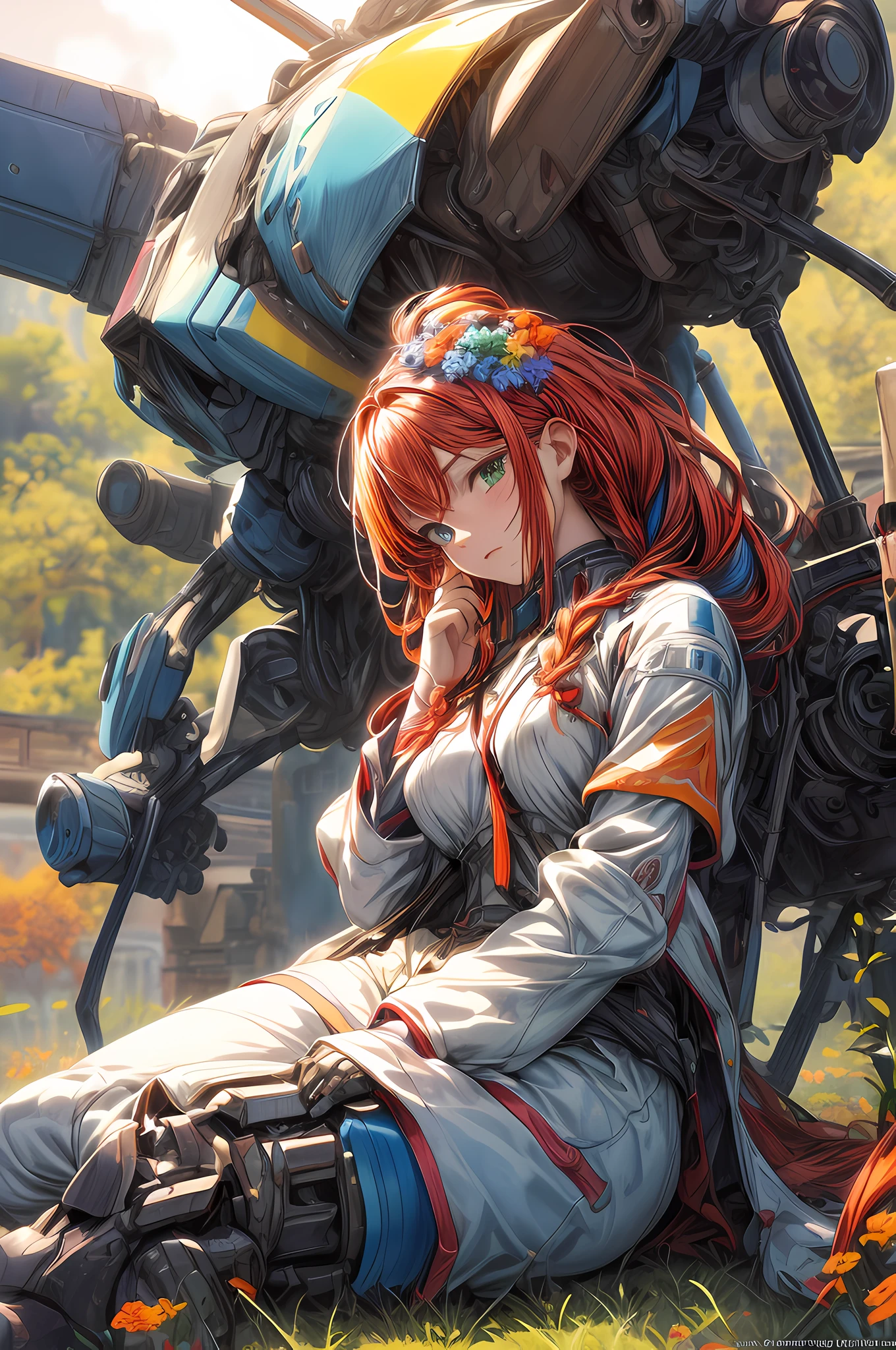 a picture of a a rainbow colored flower meadow with a mecha woman resting,  full body, an exquisite beautiful (ultra detailed, Masterpiece, best quality: 1.4) female mecha woman, dynamic angle (best detailed, Masterpiece, best quality), best detailed face (best detailed, Masterpiece, best quality: 1.5), ultra feminine (best detailed, Masterpiece, best quality), red hair, long hair, braided hair, dynamic eyes color, (wearing mecha armor: 1.4), resting in (rainbow colored flower meadow: 1.6), full colored, (perfect spectrum: 1.3),( vibrant work: 1.4) vibrant shades of red, orange, yellow, green, blue, indigo, violet day light, sun rising, high details, fantasy art, RPG art best quality, 16k, [ultra detailed], masterpiece, best quality, (ultra detailed), full body, ultra wide shot, photorealistic, mecha musume