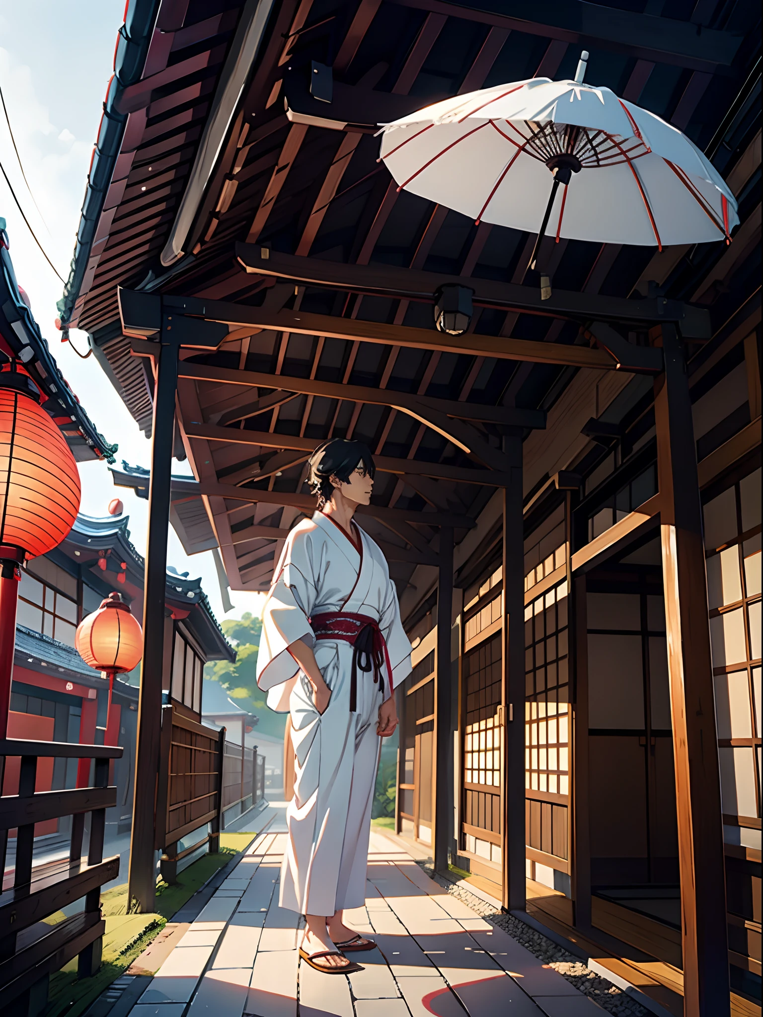 Anime sexy adult guy in white under umbrella, Japanese Traditional Architecture