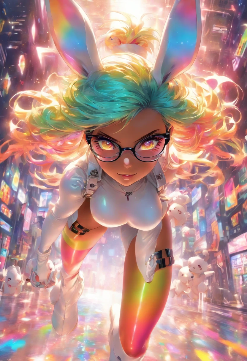 The most beautiful and sexy bunny girl, slim body, busty, rainbow colored hair, yellow eyes, wearing glasses, wearing highly detailed white leather outfit and white leather boots, perfect masterpiece, high quality, high resolution, detailed pupils,