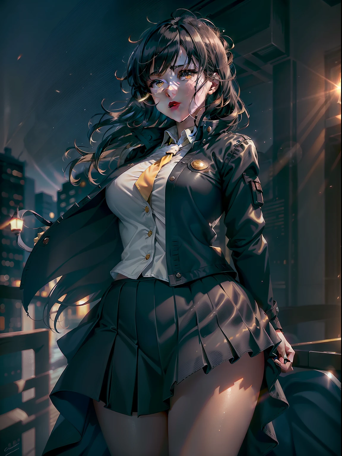 1girl, intricate detail, masterpiece, best quality, extremly detailed,cinematic lighting, beautiful detailed glow, finely detailed beautiful face and eyes, 8k, dark intense shadows, yellow eyes, medium hair, black hair, bangs, floating hair, black jacket, open jacket, white shirt, expressionless, yellow necktie, black skirt, spotlight, sunshine, sunrise, gradient sky, city, lens flare, cowboy shot, [[curvy]], [mature female]
