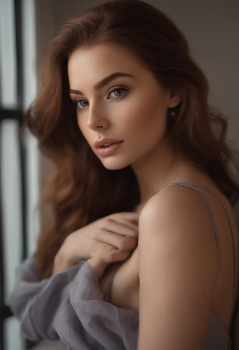 arafed woman fully , sexy girl with brown eyes, ultra realistic, meticulously detailed, portrait sophie mudd, brown hair and large eyes, selfie of a young woman, bedroom eyes, violet myers, without makeup, natural makeup, looking directly at the camera, face with artgram, subtle makeup, stunning full body shot kneeling on bed, in bedroom, medium to large size bust As ginger hair