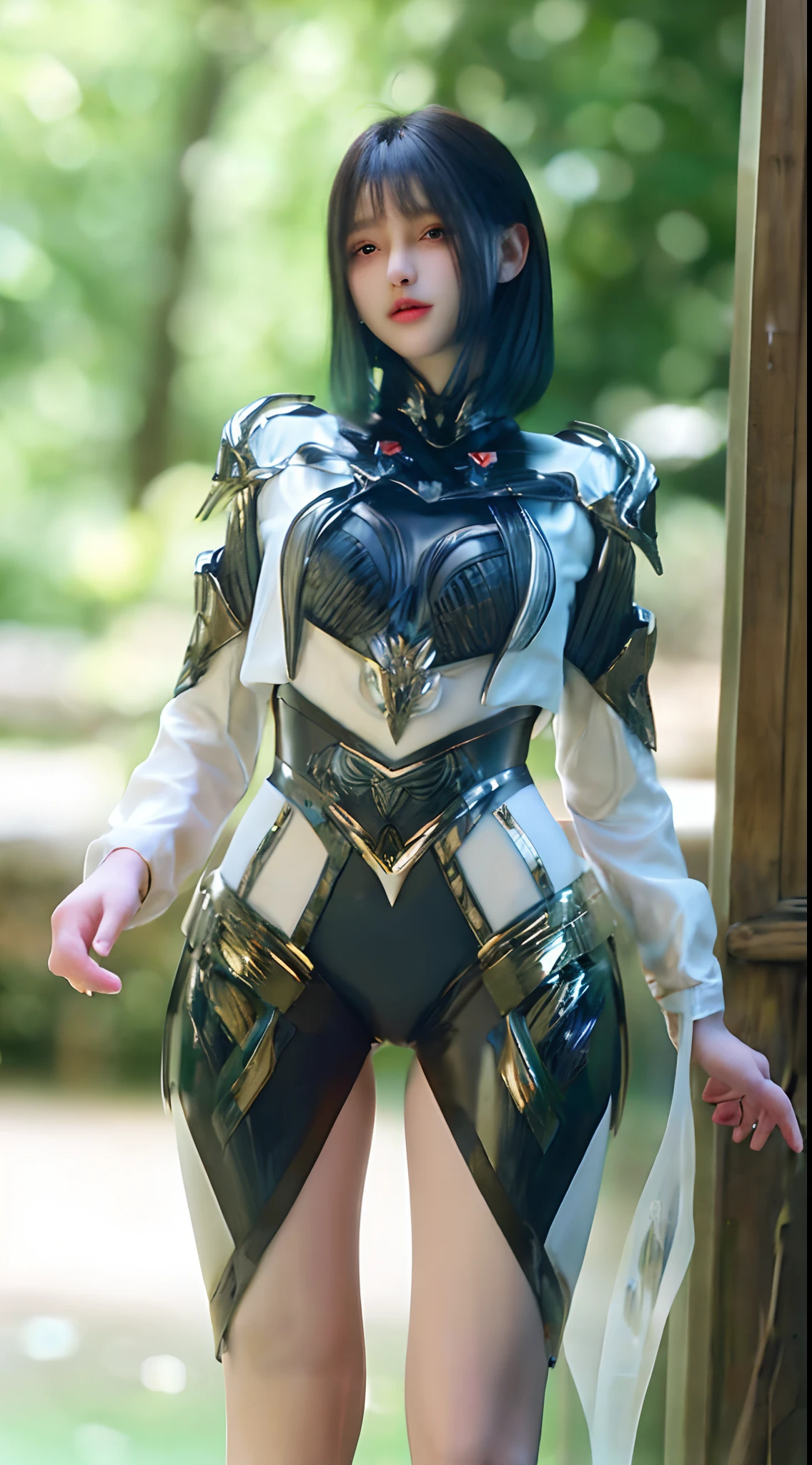 (A complex green-haired woman,Mecha joints and wing radiation, Quiet and dignified, Standing in the water), High-res, Ultra-detailed, Realistic, Vibrant colors, Bokeh, Studio lighting.