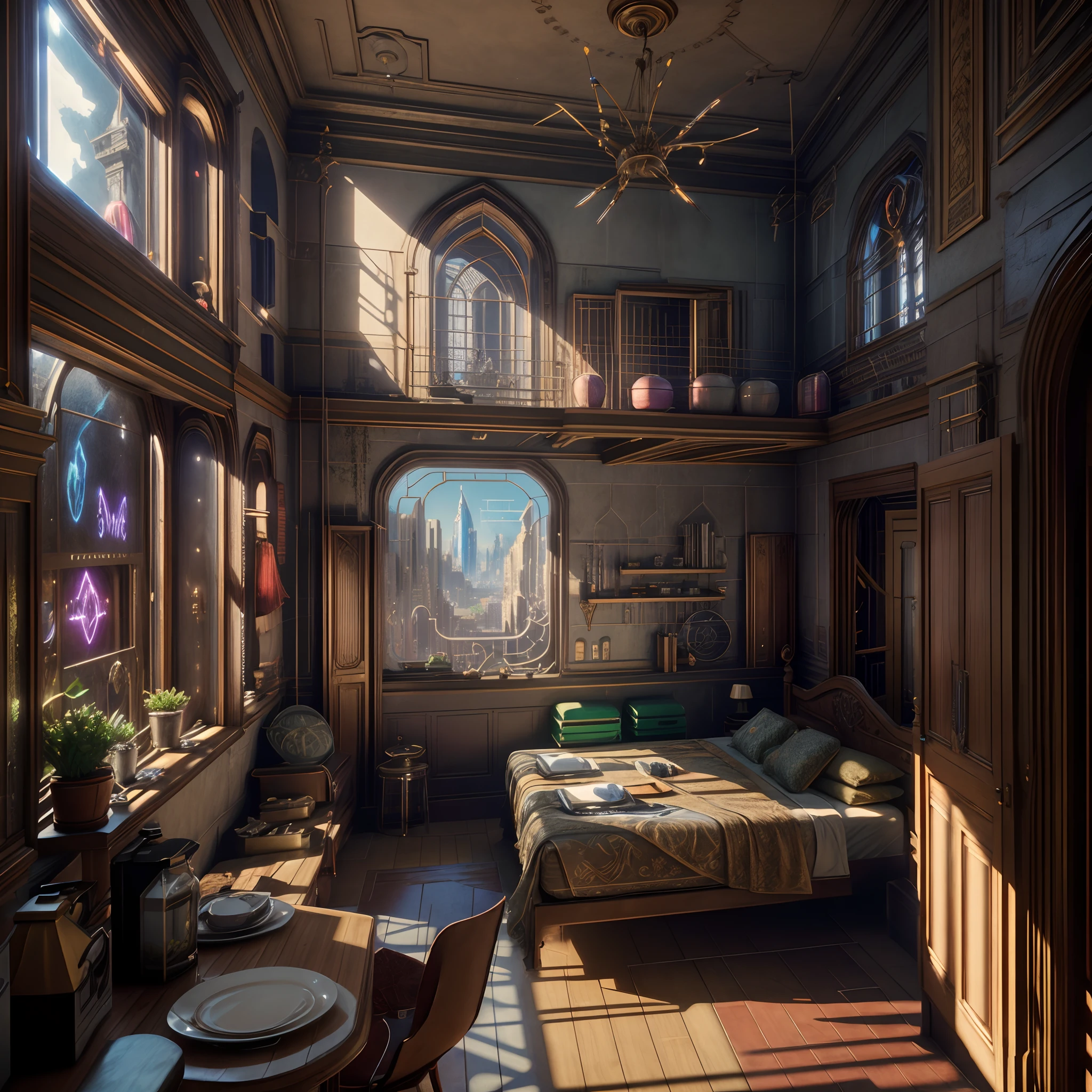 (((Generate an ornate bedroom in the style of Versailles with a big historical window.))) A hyperrealistic cyberpunk dreamscape cityscape is in the window. The cityscape is extremely detailed with many lights and LED neon colors and buildings of many different sizes. The cityscape has all colors of the rainbow and has hires interesting flying steampunk dirigibles. ((The cityscape is colorful.)) A giant steampunk standalone clock is seen ((through the window)). It is peaceful in the bedroom. The entire artwork is very realistic with many small details and enhancements. 3D render beeple, artstation and beeple highly, in fantasy sci-fi city, inspired by beeple, 8k, unreal engine unity CGI. Masterpiece and popular. Add many fantastical and beautiful details and nuances. (stained glass)