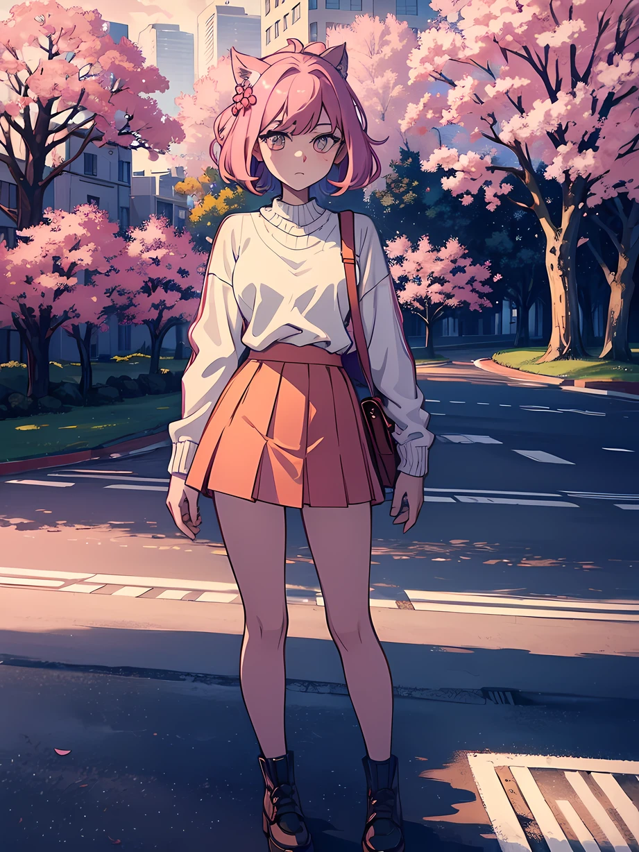 masterpiece, best quality, ultra-detailed, illustration, wide angle, 1girl stand in the middle of road, solo, road in the middle and pink cherry trees on roadside, full body, 20 yo, pink hair, sweater, short skirt, fashion,, composition, balance, harmony, rhythm, color, light, shadow, reflection, refraction, tone, contrast, foreground, middle ground, background, naturalistic, figurative, representational.