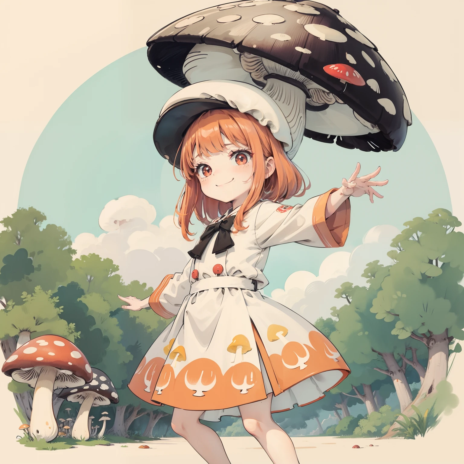 1girll, Orange hair, Red eyes, dress, (Solo:1.3),Simple drawing, Mushrooms and girls, Cute, Big smile, Mushrooms + Mushrooms + Mushrooms + Mushrooms + Mushrooms,Red mushrooms，Cyan mushrooms，White mushrooms， Mushrooms on the head, Mushrooms grow on the body，From the side Side，Dancing，Watercolor illustration, Perfect anatomy, Masterpiece, Best quality, 1girll, Loli,elementary student,Nature, landscape