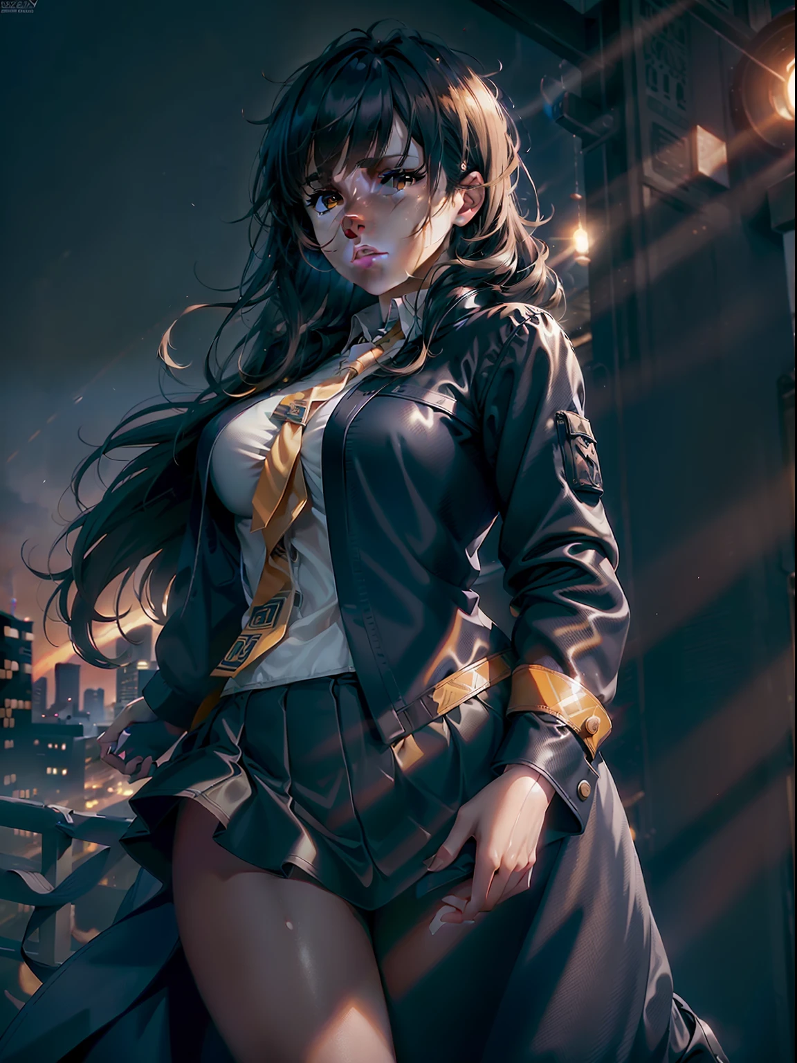 1girl, intricate detail, masterpiece, best quality, extremly detailed,cinematic lighting, beautiful detailed glow, finely detailed beautiful face and eyes, 8k, dark intense shadows, yellow eyes, medium hair, black hair, bangs, floating hair, black jacket, open jacket, white shirt, expressionless, yellow necktie, black skirt, spotlight, sunshine, sunrise, gradient sky, city, lens flare, cowboy shot, [[curvy]], [mature female]
