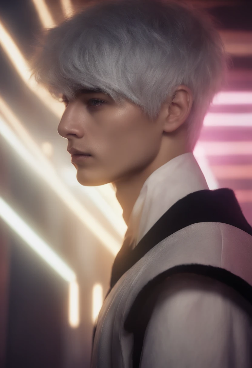 Young man, 20 years old, white hair, two block haircut , shirtless, wearing a black fur coat , reality photo, reality skin, detailed skin, glowing light eyes, Biomechanical, eerie, Creepy, nightmarish, Very bright colors, Light particles, with light glowing, Mshiff, wallpaper art, UHD wallpaper