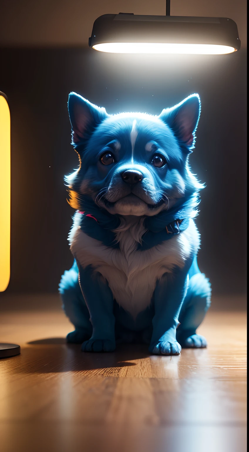 Magical Realism, Lifestyle/Fantasy, Smurf Dog, Contemporary, Bright and Colorful, Digital, 35mm, Frontal, Centralized, Symmetrical, Studio Lighting, Softbox and Magical Glows, Indoor, Home Studio, Modern Living Space, Computer, Editing Software, Magic Wand, Shot on Sony A7S III with Sony FE 35mm f/1.8, 12.1 MP, YouTuber, Magic, Editing, Video, Frontal, Centralized, Symmetrical, Magical --ar 3:2 --style raw