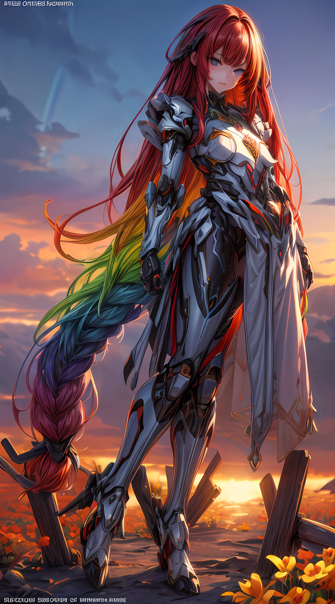 a picture of a a rainbow colored flower meadow with a mecha woman resting,  full body, an exquisite beautiful (ultra detailed, Masterpiece, best quality: 1.4) female mecha woman, dynamic angle (best detailed, Masterpiece, best quality), best detailed face (best detailed, Masterpiece, best quality: 1.5), ultra feminine (best detailed, Masterpiece, best quality), red hair, long hair, braided hair, dynamic eyes color, (wearing mecha armor: 1.4), resting in (rainbow colored flower meadow: 1.6), full colored, (perfect spectrum: 1.3),( vibrant work: 1.4) vibrant shades of red, orange, yellow, green, blue, indigo, violet day light, sun rising, high details, fantasy art, RPG art best quality, 16k, [ultra detailed], masterpiece, best quality, (ultra detailed), full body, ultra wide shot, photorealistic, mecha musume