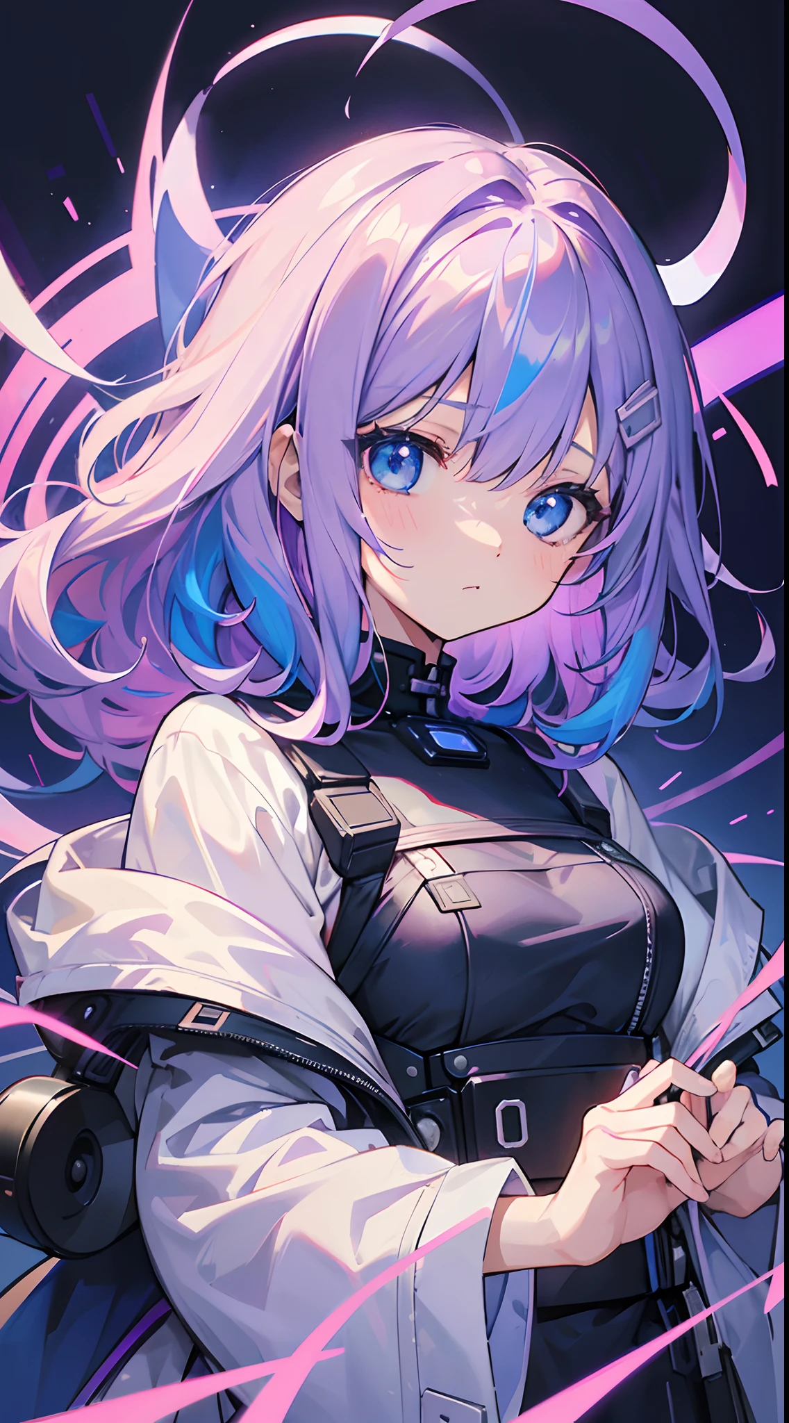 blue eyess、Light purple hair、Medium Hair、独奏、((top-quality、masterpiece))、(独奏)、waved hair、multicolored hair、cyberpunked、simple background