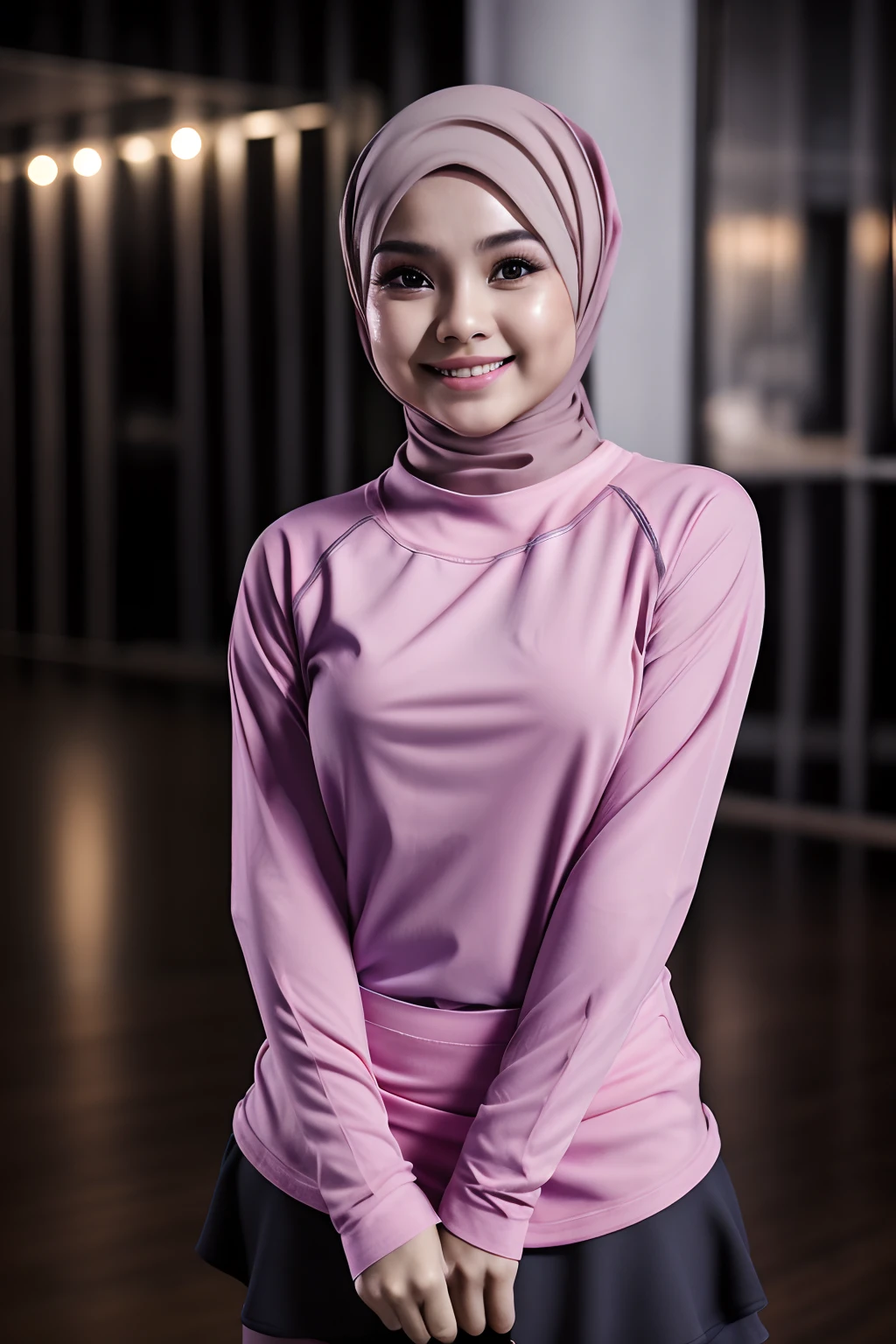 Portrait photography of a beautiful young malay girl in hijab wearing tight long sleeve tshirt and short skirt with leggings celebrate birthday