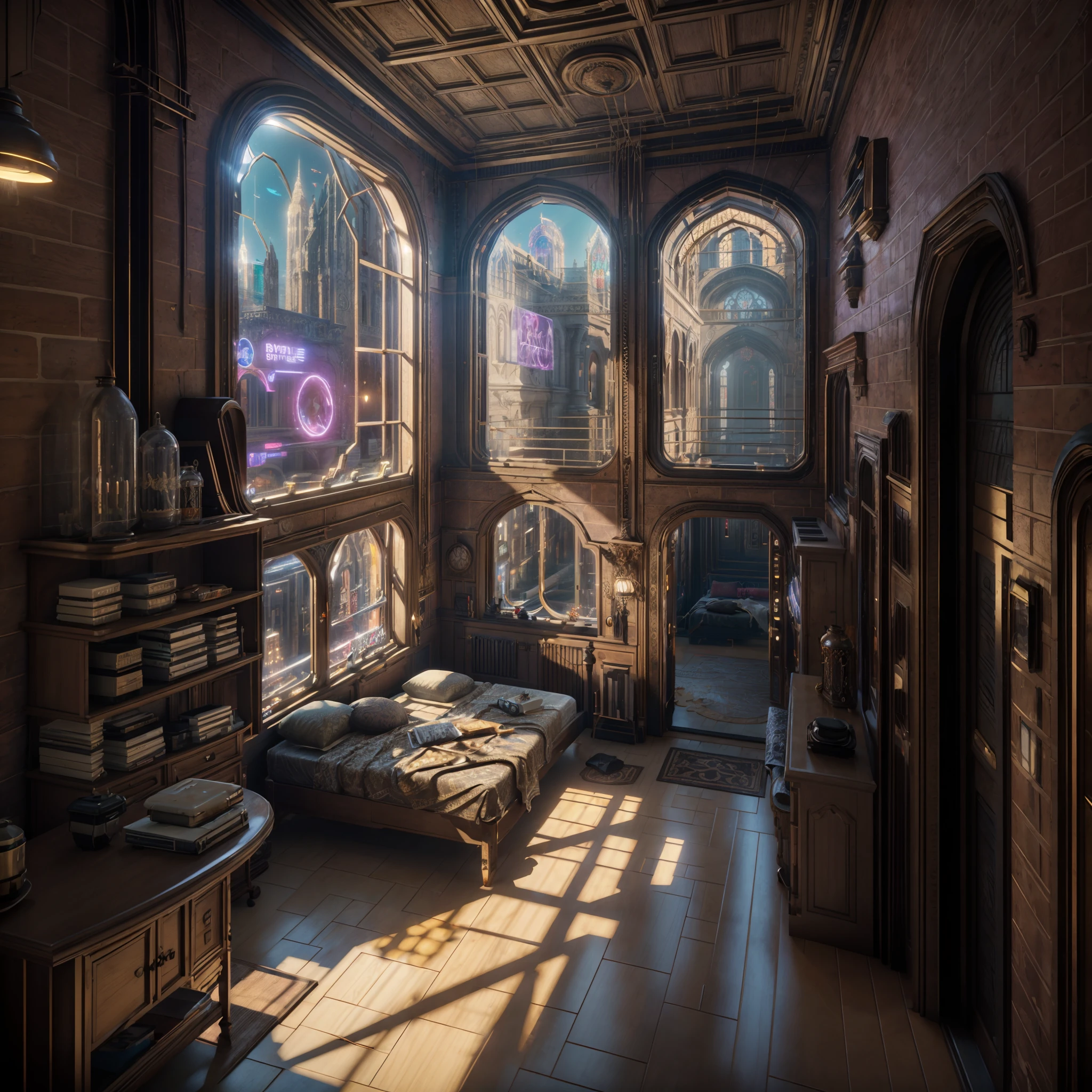 (((Generate an ornate bedroom in the style of Versailles with a big historical window.))) A hyperrealistic cyberpunk dreamscape cityscape is in the window. The cityscape is extremely detailed with many lights and LED neon colors and buildings of many different sizes. The cityscape has all colors of the rainbow and has hires interesting flying steampunk dirigibles. ((The cityscape is colorful.)) A giant steampunk standalone clock is seen ((through the window)). It is peaceful in the bedroom. The entire artwork is very realistic with many small details and enhancements. 3D render beeple, artstation and beeple highly, in fantasy sci-fi city, inspired by beeple, 8k, unreal engine unity CGI. Masterpiece and popular. Add many fantastical and beautiful details and nuances. (stained glass)