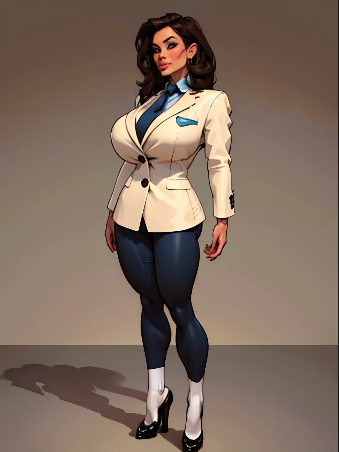 Lonely young adult girl, Tall stature, large chest, closed mouth, asian face: brown eyes; black hair; sharp facial features; dimple on the chin; asian; ; pronounced high cheekbones; high forehead, stands upright, (gigantic breasts:1.4), detailed face, school uniform: blazer jacket; pants, Full-length painting, white crew socks, black heels, big eyes, Thepit style
