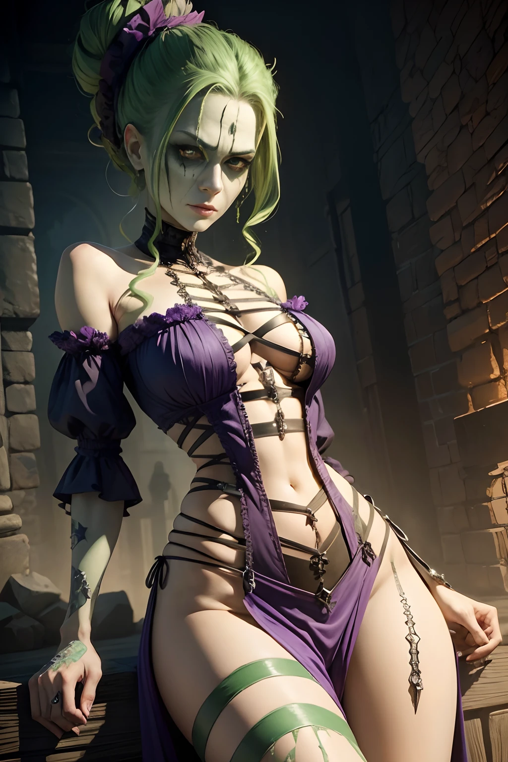 female frankenstein monster, patchwork skin lined with many stitches