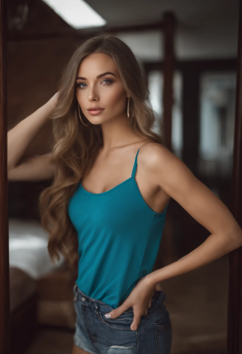 Woman with matching tank top and panties, Sexy girl with blue eyes, portrait sophie mudd, portrait corinna kopf, blonde hair and large eyes, Selfie einer jungen Frau, Augen im club Violet Myers, ohne Make-up, Natural makeup, Blick direkt in die Kamera, Gesicht mit Artgram, dezentes Make-up, Stunning full body shot, im Schlafzimmer, Spaltung