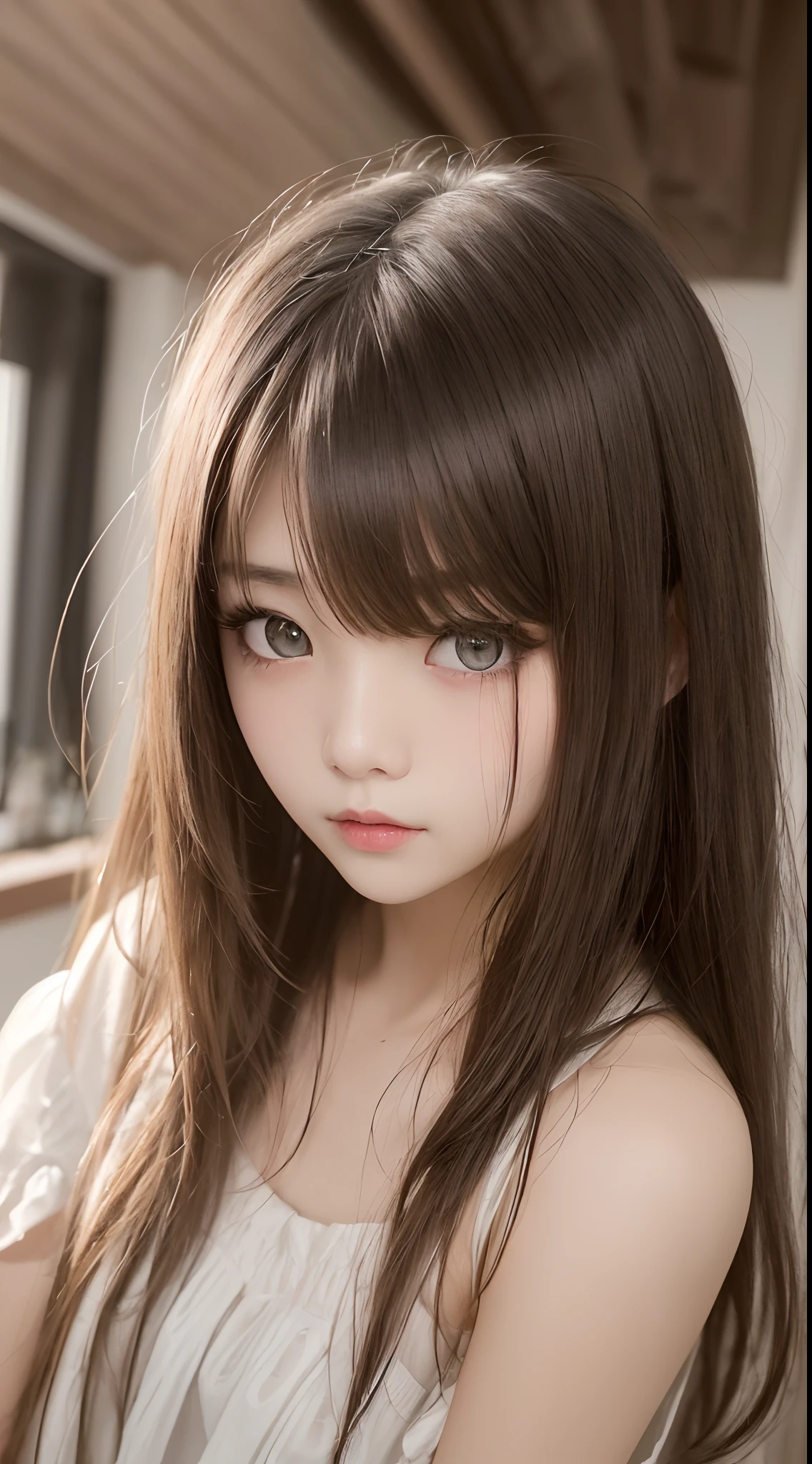 masterpiece、top-quality)、1 beutiful girl、A smile、Slim body、(Black and white plain clothes:1.1)、(Detailed beautiful eyes)、Photo session in the bedroom、in a house、((Black long-haired))、a small face、tall、((Light brown eyes))、((Korean Girl))、((cool lady))、((cool expression))、((Korean Makeup))、((glare at viewer))、((Small eyes))