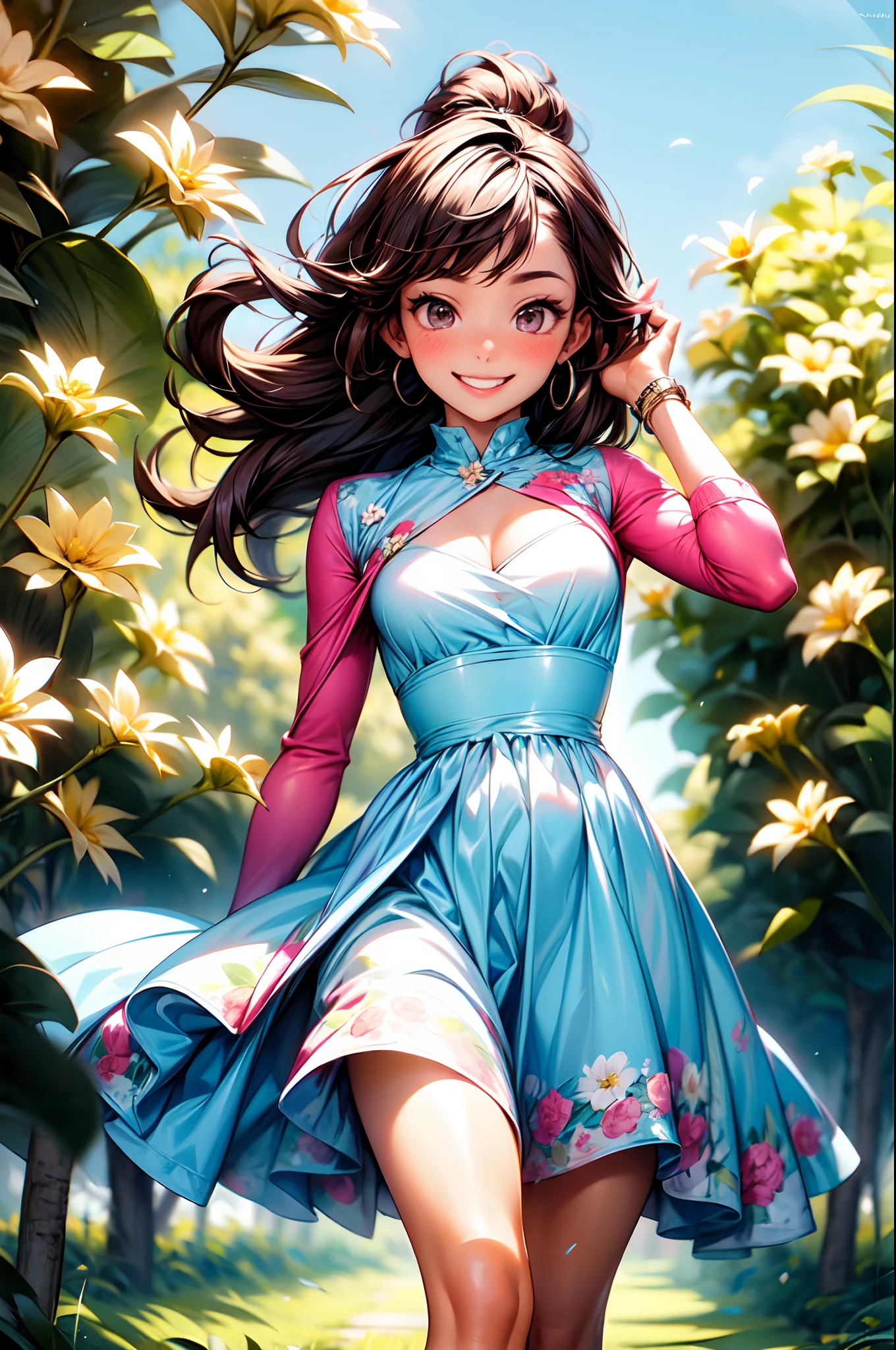 agregar_detalle:1, La mejor calidad, hermoso brillo detallado, ambient-occlusion, Luz ambiental, Reflejos trazados por rayos, Aura brillante, una feliz, Smiling 18-year-old brown-skinned girl running across the prairie on a sunny day with the wind blowing, Short two-part dress with warm colored floral motifs and colorful flying flowers found throughout the meadow, muy colorido.