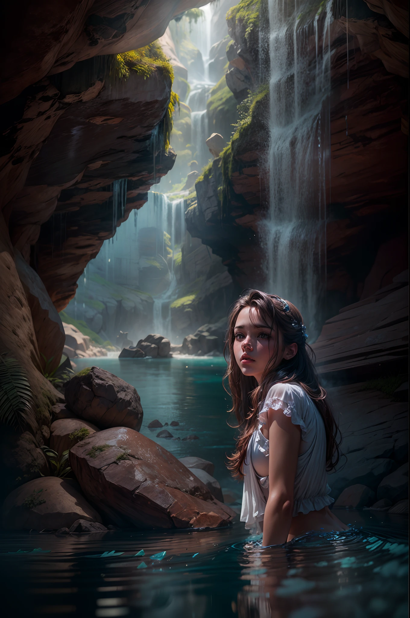 Photorealistic rendering of a girl under a cave waterfall, ((crystal-clear reflections)), striking realism, dramatic lighting, intricate details, breathtaking scenery, raw beauty, photographic precision