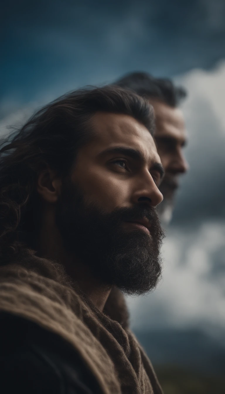 Imagem de Deus com barba e cabelos compridos e brancos, in the sky surrounded by clouds and bluish background