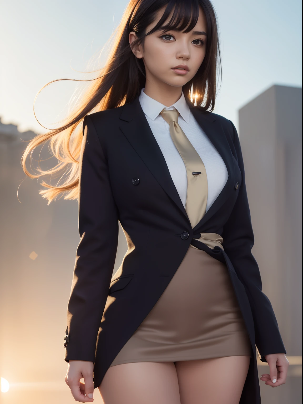 1girl, intricate detail, masterpiece, best quality, extremly detailed,cinematic lighting, beautiful detailed glow, finely detailed beautiful face and eyes, 8k, dark intense shadows, yellow eyes, medium hair, black hair, bangs, floating hair, black jacket, open jacket, white shirt, expressionless, yellow necktie, black skirt, spotlight, sunshine, sunrise, gradient sky, city, lens flare, cowboy shot, [[curvy]], [mature female]