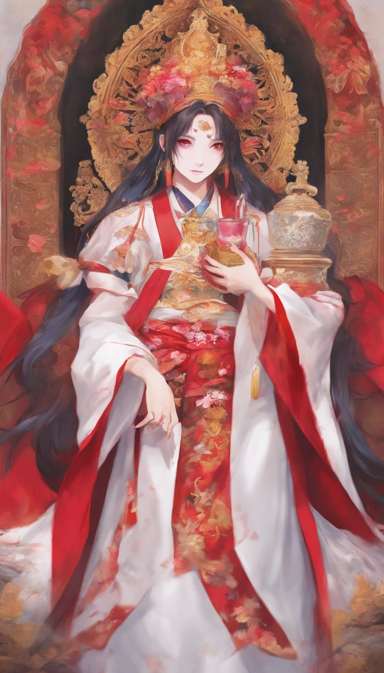 Blood red room, Flashing white TV screen, BUDDHA STATUE, cabelos preto e longos, with hair dishevelled, Cover one eye and face, Bright red eyes, Wearing a white transparent robe, Looming full breasts,liquor,Devil, reaching out her hands,Straighten your body, Red nails are exposed, Pinch the camera, hyper HD, Anatomically correct, Textured skin, Super detail, High details, High quality, A high resolution, 8K, hyper HD, Anatomically correct, Textured skin, Super detail, High details, High quality, Best quality, 8K,Leishnampo,Room 2,Horror