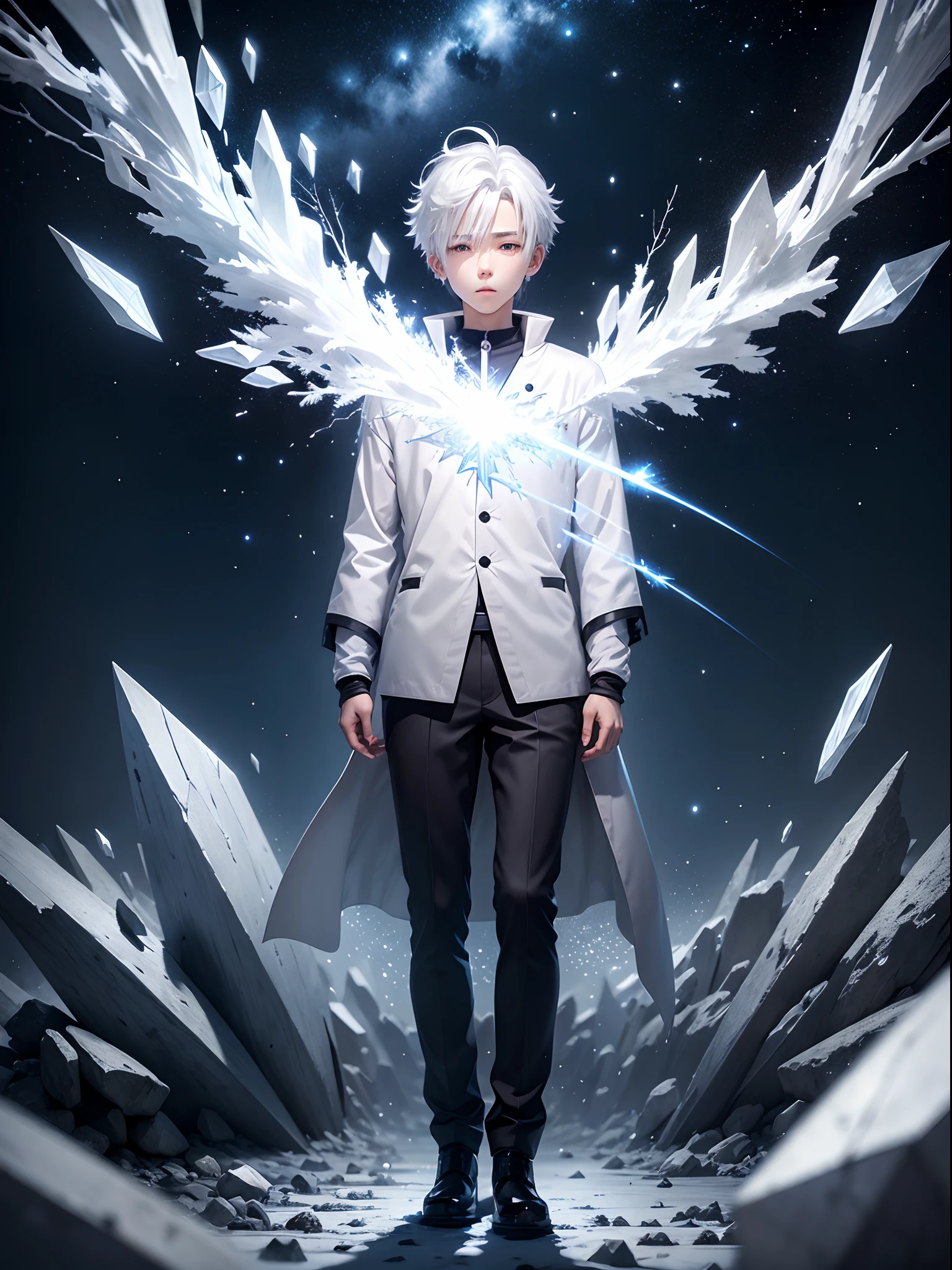 Japanese anime, boy, alone, silver white hair, white glass shards, crystallization, night sky, winter night, starry sky, shooting star crossing, solo, silence, rendering, best quality, masterpiece, full body, particle light effects, rendering