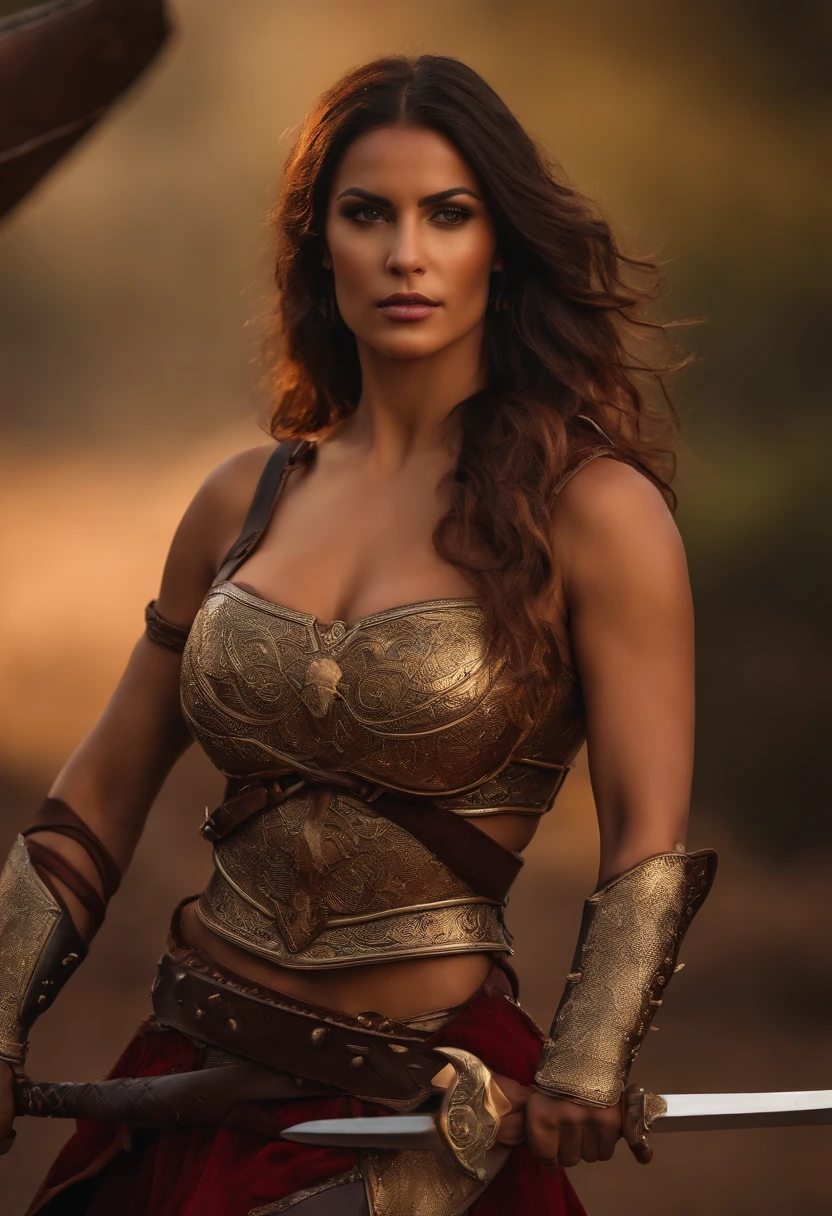 Masterpiece, a beautiful Amazon warrior, (Alyssa Sutherland:1.0), high detail leather armor, big breasts, (strong muscular body), short brown matted hair, legs, (fantasy battlefield background), HD, (skin texture:1.1), best quality, ultra high res, (photorealistic: 1.4), Raw photo, by Ellen von Unwerth, Nikon D850 Film Stock Photography, F1.6 Lens, Rich Colors, Realistic, Cinestill 800, backlight, rimlighting, studiolighting, sunlight, close-up, grandes pechos visibles, imagen de cuerpo entero, pubis visible, fondo paisaje fantastico