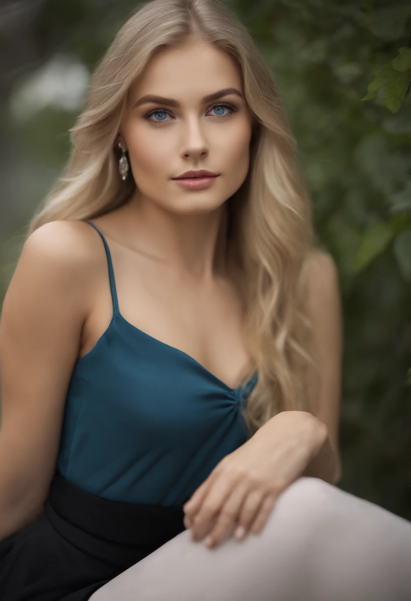 Young beautiful blonde with long hair, with blue eyes, On one side, the hair is gathered in a ponytail, on the other hand in a pigtail, looks straight, in full height, attractive facial features, looks like a living woman, Age 22 years, young girl, black dress, black tights, beautiful portrait image
