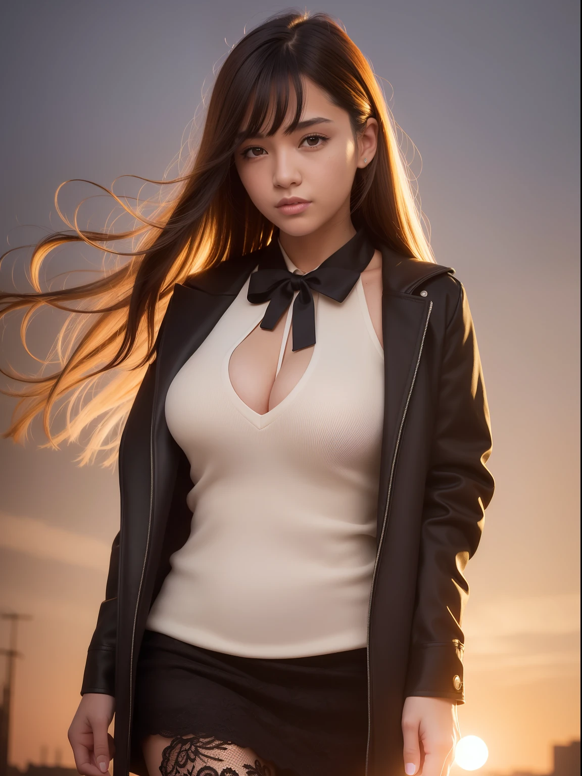 1girl, intricate detail, masterpiece, best quality, extremly detailed,cinematic lighting, beautiful detailed glow, finely detailed beautiful face and eyes, 8k, dark intense shadows, yellow eyes, medium hair, black hair, bangs, floating hair, black jacket, open jacket, white shirt, expressionless, yellow necktie, black skirt, spotlight, sunshine, sunrise, gradient sky, city, lens flare, cowboy shot, [[curvy]], [mature female]