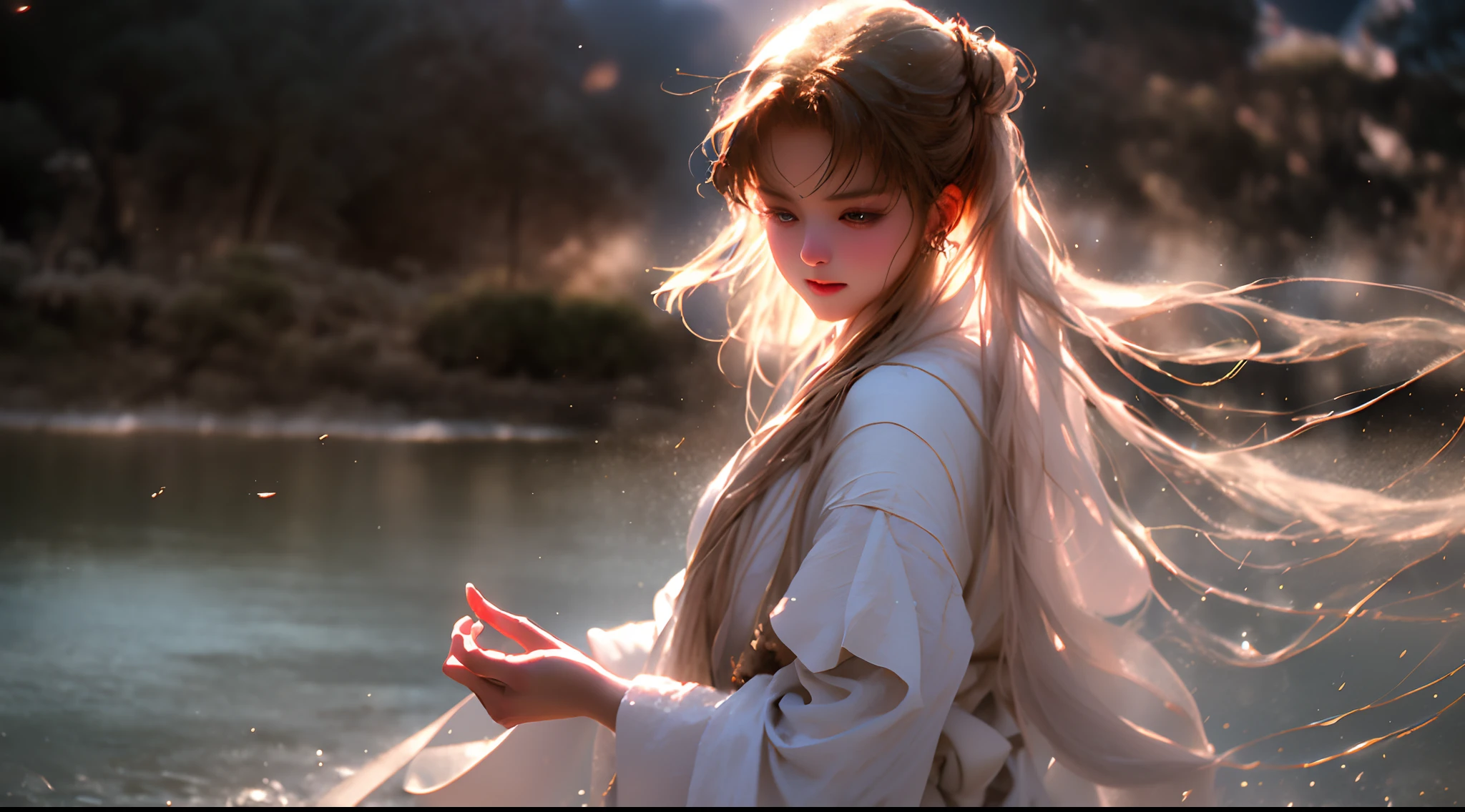(Best quality,4K,A high resolution),(Realistic:1.37),Ultra-detailed,Loose robe, Tai Chi elements, Woman standing on top of a mountain, A glittering ball of water in the palm of her hand, tranquil ambiance, A mystical environment, Flowing energy, graceful movements, meditative state, Glittering sunlight, Peaceful nature, Ethereal colors, Soft shadows, Intricate robe patterns, Intricate details of water balloons, harmonious balance, peaceful expression, Gentle breeze, majestic landscape, Mist in the distance, Sun-kissed clouds, Tranquil lake, vibrant foliage, Birds soar in the sky, sparkling reflections, spiritual connection