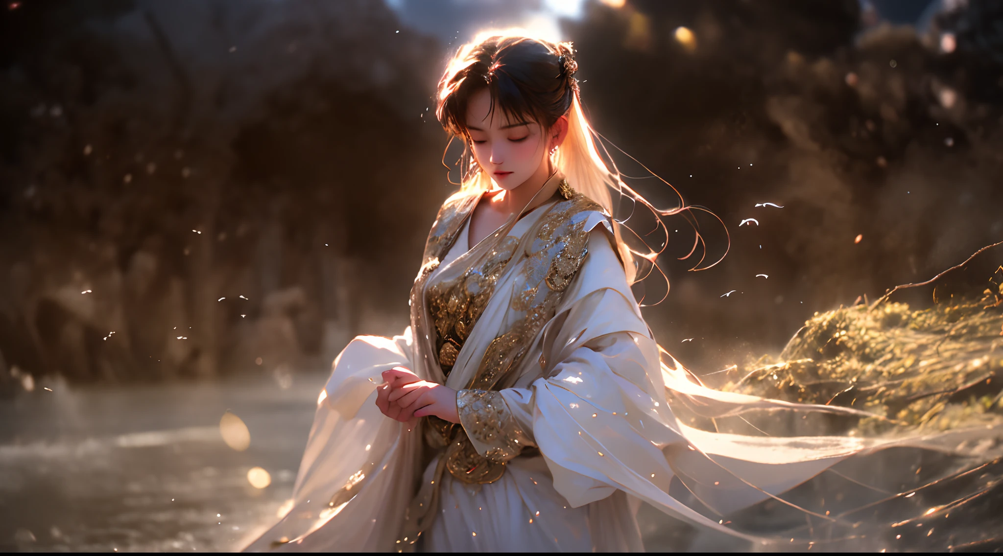 (Best quality,4K,A high resolution),(Realistic:1.37),Ultra-detailed,Loose robe, Tai Chi elements, Woman standing on top of a mountain, A glittering ball of water in the palm of her hand, tranquil ambiance, A mystical environment, Flowing energy, graceful movements, meditative state, Glittering sunlight, Peaceful nature, Ethereal colors, Soft shadows, Intricate robe patterns, Intricate details of water balloons, harmonious balance, peaceful expression, Gentle breeze, majestic landscape, Mist in the distance, Sun-kissed clouds, Tranquil lake, vibrant foliage, Birds soar in the sky, sparkling reflections, spiritual connection
