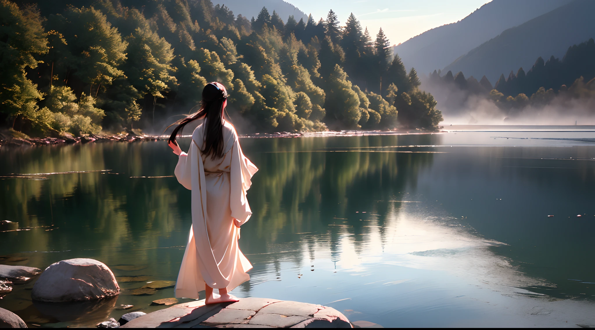 (Best quality,4K,A high resolution),(Realistic:1.37),Ultra-detailed,Loose robe, Tai Chi elements, Woman standing on top of a mountain, A glittering ball of water in the palm of her hand, tranquil ambiance, A mystical environment, Flowing energy, graceful movements, meditative state, Glittering sunlight, Peaceful nature, Ethereal colors, Soft shadows, Intricate robe patterns, Intricate details of water balloons, harmonious balance, peaceful expression, Gentle breeze, majestic landscape, Mist in the distance, Sun-kissed clouds, Tranquil lake, vibrant foliage, Birds soar in the sky, sparkling reflections, spiritual connection